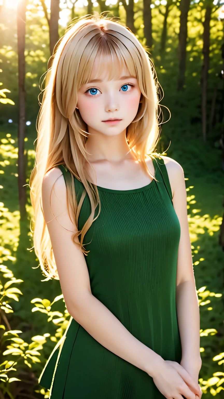 Beautiful 13 year old german teenager, blue or green eyes, blonde, Developer, mini dress, (white tight antenna, realistic colors, sunrise