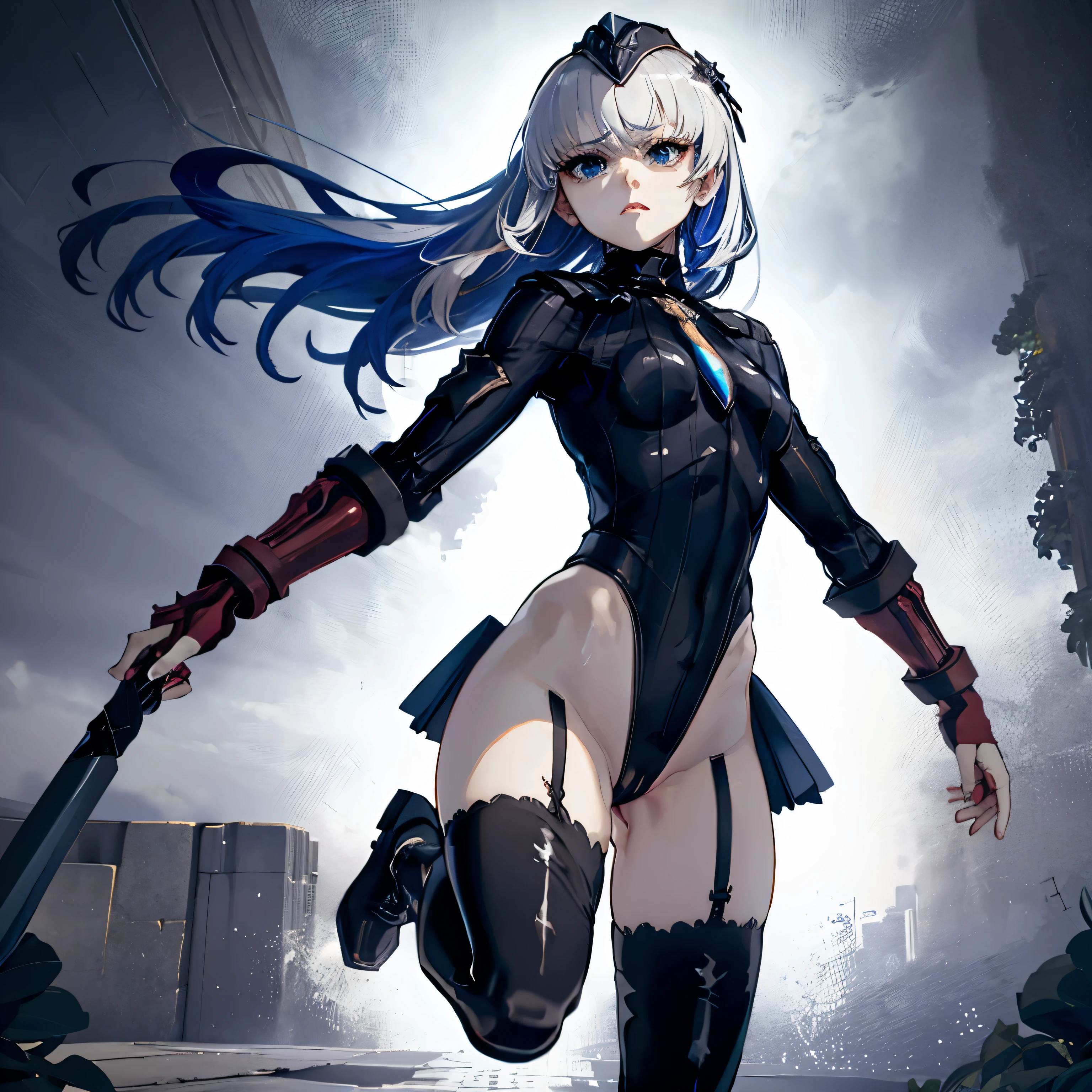 haveรายละเอียดมาก, clear, beautiful body, Beautiful nose, Beautiful character design, perfect eyes, perfect face, very high, 4k, Beautiful legs, perfect legs, good hand, perfect hand, Masterpiece, best quality, haveรายละเอียดสูง, illustration, nonsense, perfect anatomy, street fighter, doll set, Chadaloo Doll, doll set, expressionless, ดวงempty eyes, look at viewer, red gloves, Emotionless, black Latex, corruption, mind control, female warrior, full body, hypnotized, ความมึนงงที่ไม่haveความสุข, full body suit, ชุดบอดี้สูทแบบhaveจั๊ม, Both arms are at the sides., obey, perfect woman's body, extremely glossy Latex, hypnosis, Hipnolora, empty eyes, mind control device, Poses, give up_Pose, slave, stand straight, stand, stand at attention, have, necktie, belt, Latex, ชุดบอดี้สูทแบบhaveจั๊ม, thigh high, garter belt, fighting posture, Extend your right arm away from your shoulder into the air with your hand straight., soldier, Ankle boots, 1 girl, hair accessories, white hair, long hair, blue eyes, (((pixel perfect, perfect details))), alone, 1 girl, Rei Hatada, Christa, crown, holding a sword, low wings, feather wings, Hair color inside,
