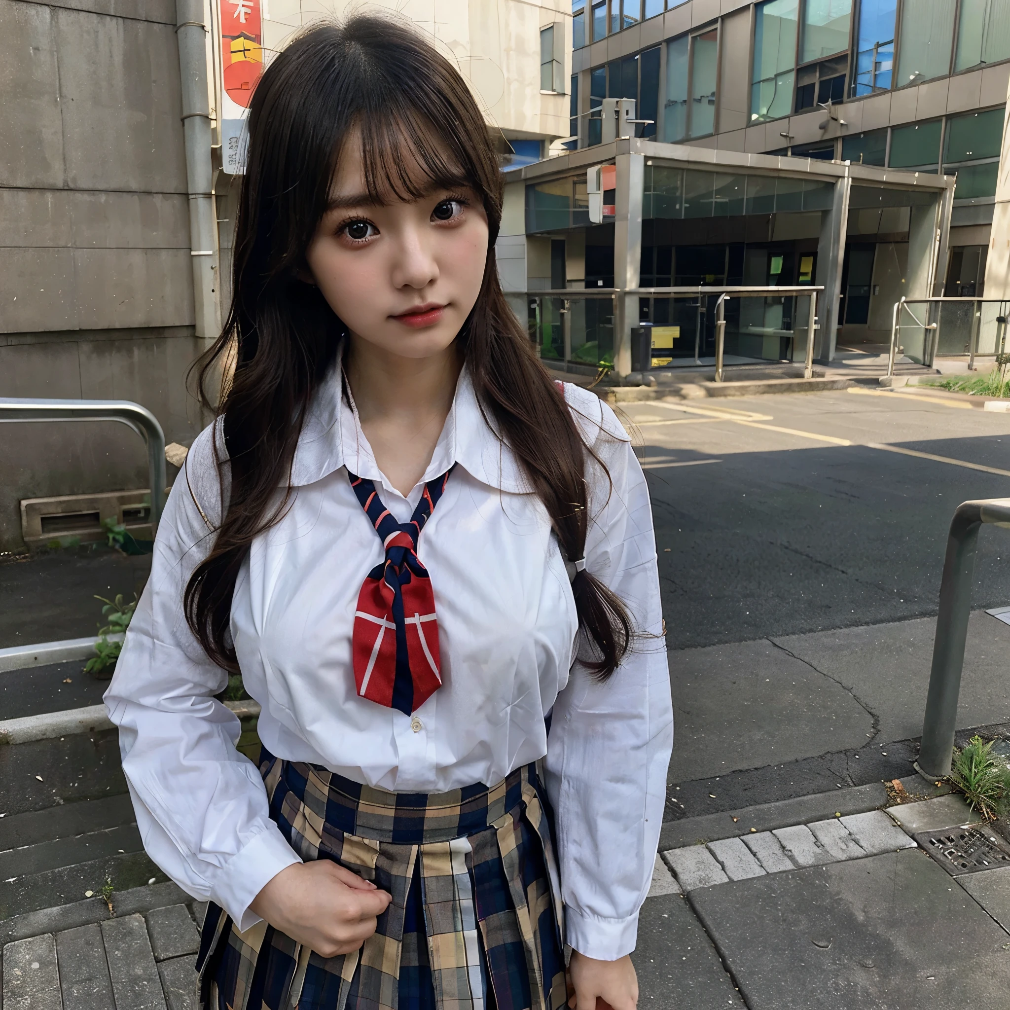 1girl, Japanese girl, big breast, school uniform, full body, gorgeous, realistic, ultra detail, eyes focus on camera,