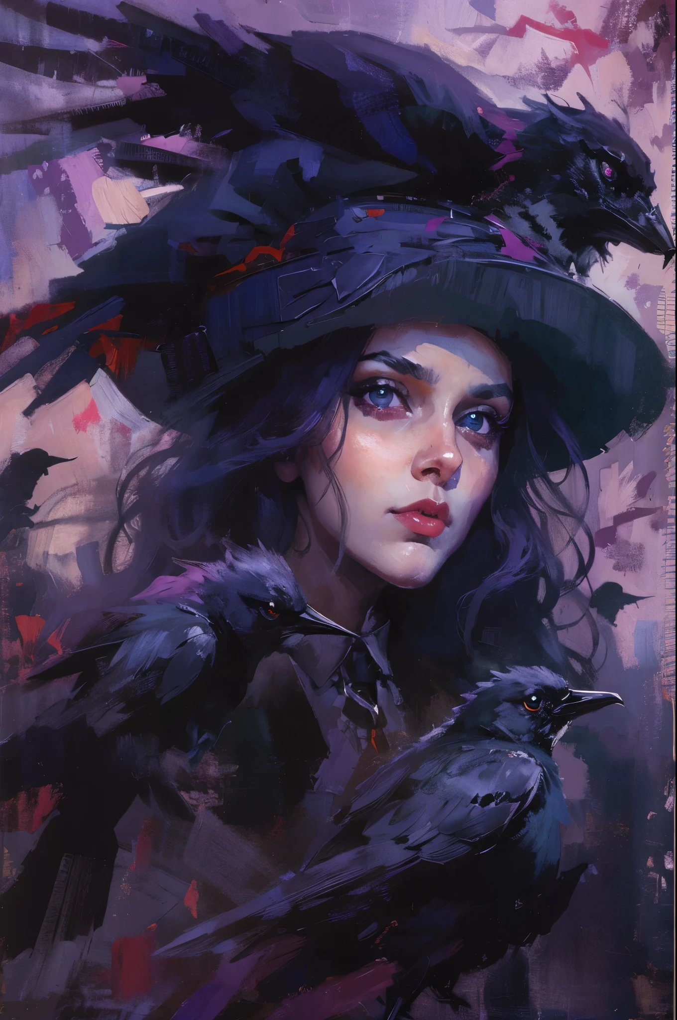 Sexy witch wearing gothic style costume，Surrounded by crows，moonlit wilderness，Surrealism，painting，ink，acrylic painting，masterpiece，Gothic thriller style，best quality，high resolution，Super fine，Delicate eyes，facial details，hair details，precise，Clear eye focus close-up