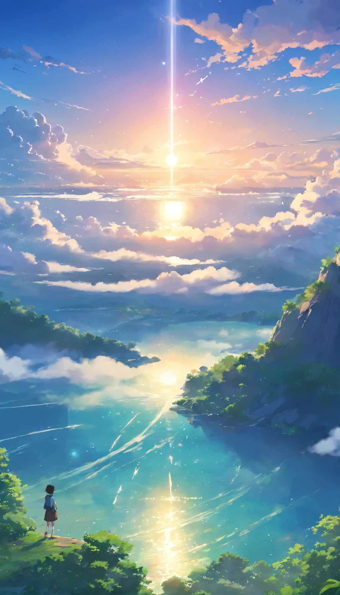 "surrounded by clouds,Beautiful flowing picture,Delicately painted landscape painting,thin clouds floating on the water surface,It's like a fairyland。A hazy light pierces through the clouds,Reflects stunning light and shadow effects。There is a sea of clouds in the photo,The approaching scenery is mesmerizing。"
