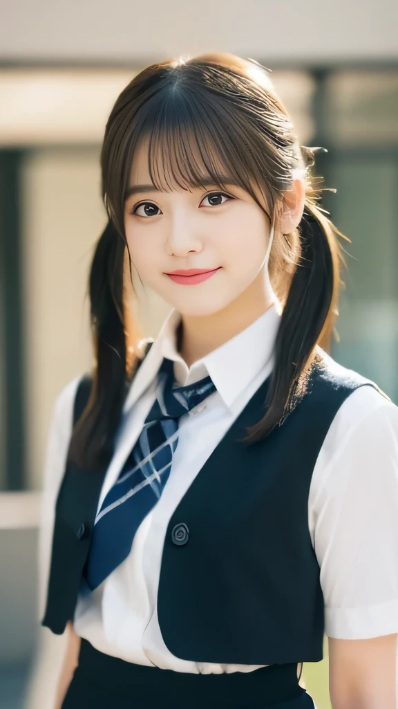 masterpiece,highest quality,official art,High Definition CG Unity 8K Wallpaper High School Girl,very delicate and beautiful,超High resolution,(realistic:1.4),golden hour lighting,(Full body Esbian),In the classroom,(platinum short hair:0.8),(cute eyes),looking at the viewer,facing the front,twin tail hair, 笑face,JK's Skirt(plaid), bust,high school uniform,tie, masterpiece, highest quality, Raw photo, realistic, face, incredibly irrational solution, written boundary depth, High resolution, Super detailed, small details, very detailed, 非常に詳細な目とface, sharp pupils, realisticな生徒, fix sharp focus, cinematic lighting, Idol style、very cute:1.2、black haired、bangs、