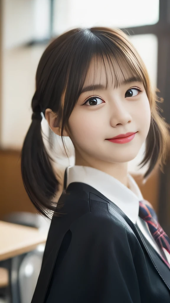 masterpiece,highest quality,official art,High Definition CG Unity 8K Wallpaper High School Girl,very delicate and beautiful,超High resolution,(realistic:1.4),golden hour lighting,(Full body Esbian),In the classroom,(platinum short hair:0.8),(cute eyes),looking at the viewer,facing the front,twin tail hair, 笑face,JK's Skirt(plaid), bust,high school uniform,tie, masterpiece, highest quality, Raw photo, realistic, face, incredibly irrational solution, written boundary depth, High resolution, Super detailed, small details, very detailed, 非常に詳細な目とface, sharp pupils, realisticな生徒, fix sharp focus, cinematic lighting, Idol style、very cute:1.2、black haired、bangs、