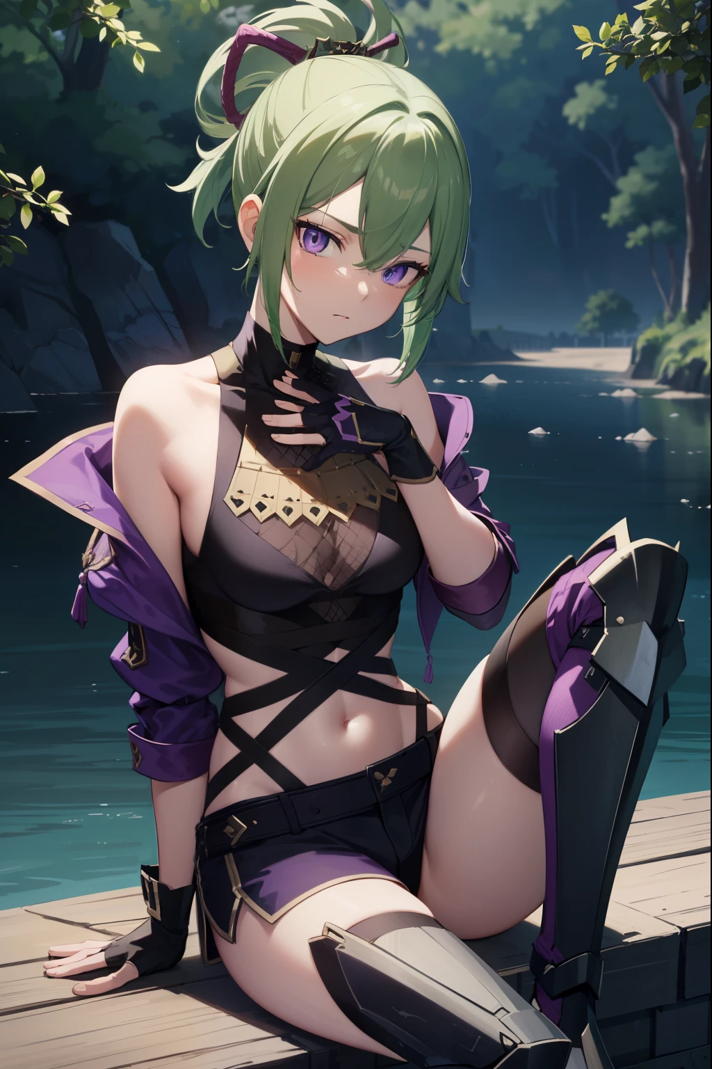 Tolerate, 久木Tolerate, green hair, hair between eyes, ponytail, short hair, (purple eyes:1.1),
rest armor, bare shoulders, black Gloves, cropped jacket, fishnet top, fishing net, Gloves, gold trim, hair accessories, jacket, Leg armor, diaphragm, Off the shoulders, partially fingerless Gloves, purple jacket, shirt, short shorts, shorts, pauldron, sleeveless, sleeveless shirt,
rest looking at viewer,
rest outdoors,
rest (masterpiece:1.2), best quality, high resolution, unified 8k wallpaper, (illustration:0.8), (Beautiful and delicate eyes:1.6), extremely detailed face, perfect lighting, Extremely detailed CG, (perfect hands, perfect anatomy),