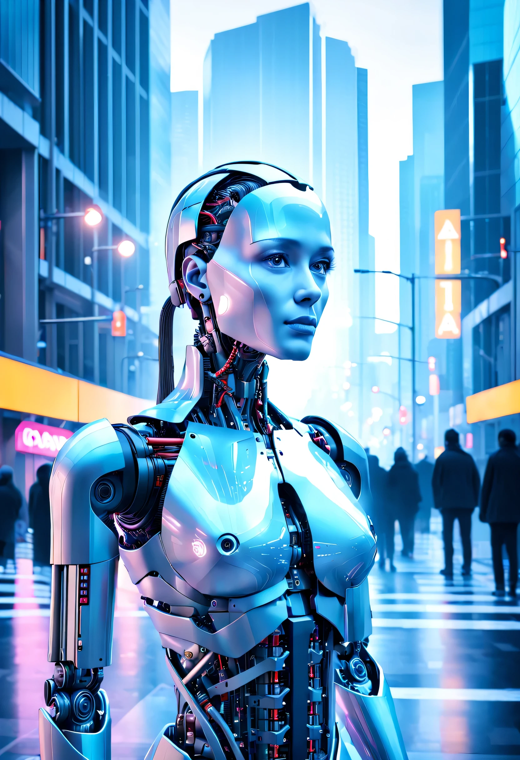Visualize the era of AI, Opportunities and Challenges. Create an image that represents the dawning age of artificial intelligence, showcasing both the immense potential and the formidable obstacles that accompany it. Incorporate futuristic elements such as futuristic cityscapes, advanced technology, and intelligent machines to symbolize the opportunities presented by AI. At the same time, include elements that convey the challenges and complexities of navigating this new frontier, such as data privacy concerns, ethical dilemmas, and societal disruptions. Strike a balance between optimism and caution, inviting viewers to contemplate the multifaceted landscape of the AI era