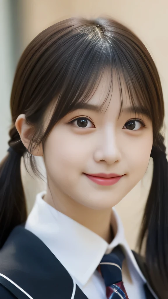 masterpiece,highest quality,official art,High Definition CG Unity 8K Wallpaper High School Girl,very delicate and beautiful,超High resolution,(realistic:1.4),golden hour lighting,(Full body Esbian),In the classroom,(platinum short hair:0.8),(cute eyes),looking at the viewer,facing the front,twin tail hair, 笑face,JK's Skirt(plaid), bust,high school uniform,tie, masterpiece, highest quality, Raw photo, realistic, face, incredibly irrational solution, written boundary depth, High resolution, Super detailed, small details, very detailed, 非常に詳細な目とface, sharp pupils, realisticな生徒, fix sharp focus, cinematic lighting, Idol style、very cute:1.2、black haired、bangs、