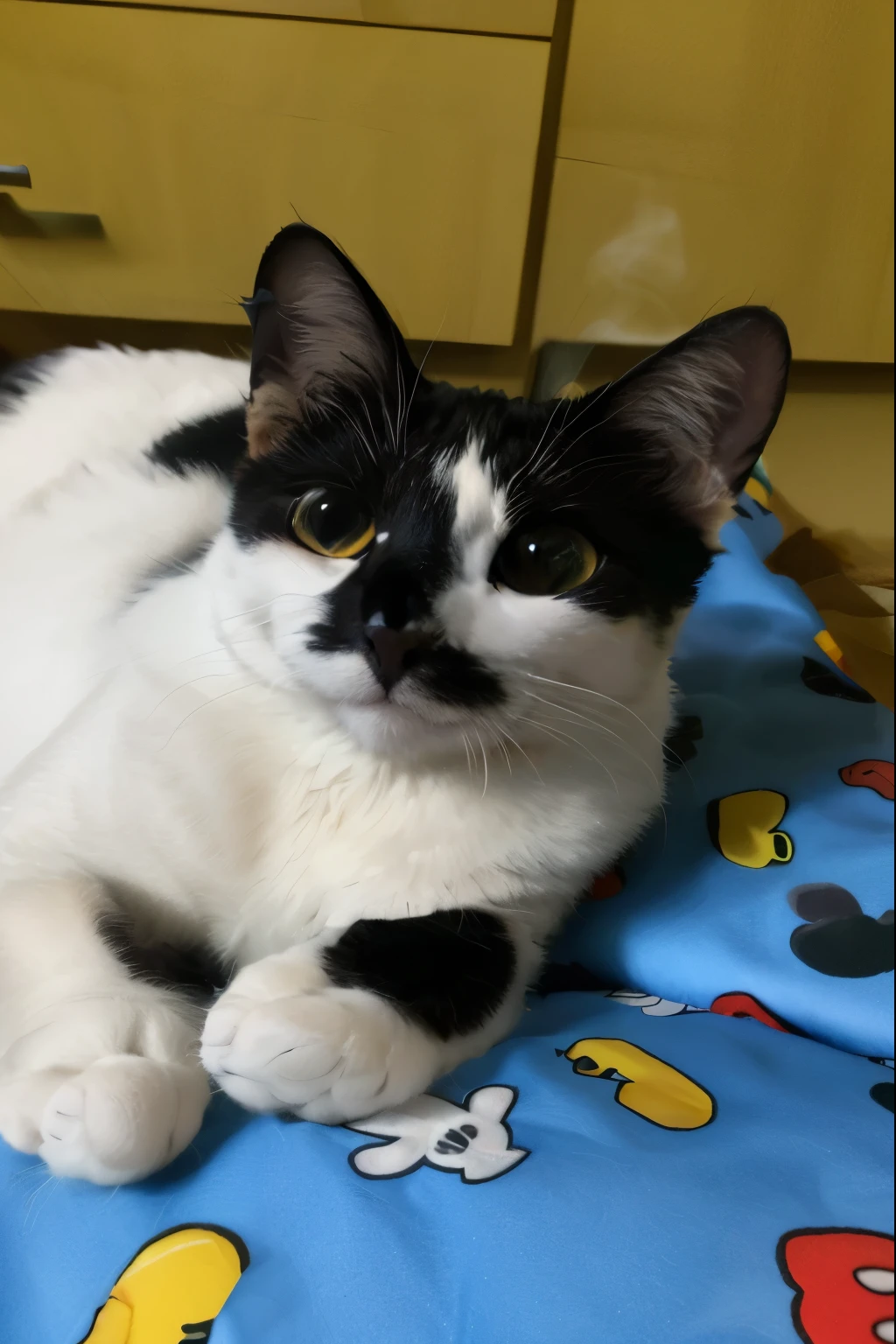 there is a Gato preto e branco laying on a blue blanket, Felix, o gato, branco com manchas pretas, Gato preto e branco, peludo fofo precisa de sua ajuda, tirada com sony alfa 9, branco com manchas marrom chocolate, gato de smoking, com orelhas pontudas, pimenta, foto de um gato, bigodes, sora as a cat, retrato em close