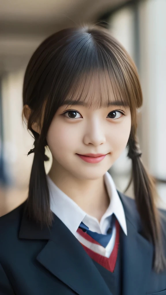 masterpiece，highest quality，official art，High Definition CG Unity 8K Wallpaper High School Girl，very delicate and beautiful，超High resolution，（realistic：1.4），golden hour lighting，（Full body Esbian），In the classroom，（platinum short hair：0.8），（cute eyes），looking at the viewer，facing the front，twin tail hair, 笑face，JK's Skirt（plaid）， bust，high school uniform，tie， masterpiece， highest quality， Raw photo， realistic， face， incredibly irrational solution， written boundary depth， High resolution， Super detailed， small details， very detailed， 非常に詳細な目とface， sharp pupils， realisticな生徒， fix sharp focus， cinematic lighting, Idol style、very cute:1.2、black haired、bangs、