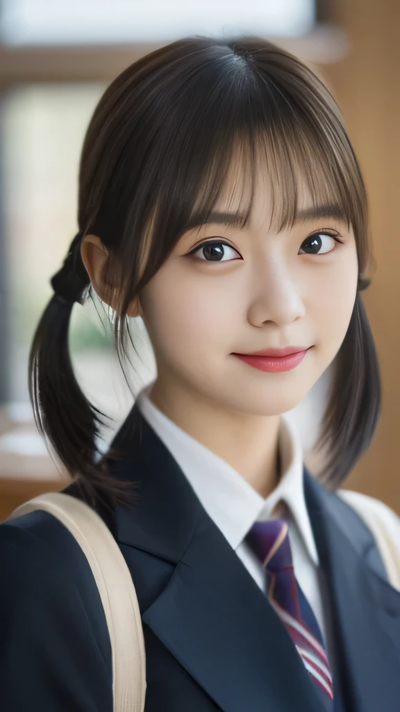 masterpiece，highest quality，official art，High Definition CG Unity 8K Wallpaper High School Girl，very delicate and beautiful，超High resolution，（realistic：1.4），golden hour lighting，（Full body Esbian），In the classroom，（platinum short hair：0.8），（cute eyes），looking at the viewer，facing the front，twin tail hair, 笑face，JK's Skirt（plaid）， bust，high school uniform，tie， masterpiece， highest quality， Raw photo， realistic， face， incredibly irrational solution， written boundary depth， High resolution， Super detailed， small details， very detailed， 非常に詳細な目とface， sharp pupils， realisticな生徒， fix sharp focus， cinematic lighting, Idol style、very cute:1.2、black haired、bangs、