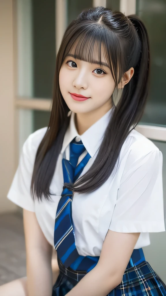 masterpiece,highest quality,official art,High Definition CG Unity 8K Wallpaper High School Girl,very delicate and beautiful,超High resolution,(realistic:1.4),golden hour lighting,(Full body Esbian),In the classroom,(platinum short hair:0.8),(cute eyes),looking at the viewer,facing the front,twin tail hair, 笑face,JK's Skirt(plaid), bust,high school uniform,tie, masterpiece, highest quality, Raw photo, realistic, face, incredibly irrational solution, written boundary depth, High resolution, Super detailed, small details, very detailed, 非常に詳細な目とface, sharp pupils, realisticな生徒, fix sharp focus, cinematic lighting, Idol style、very cute:1.2、black haired、bangs、