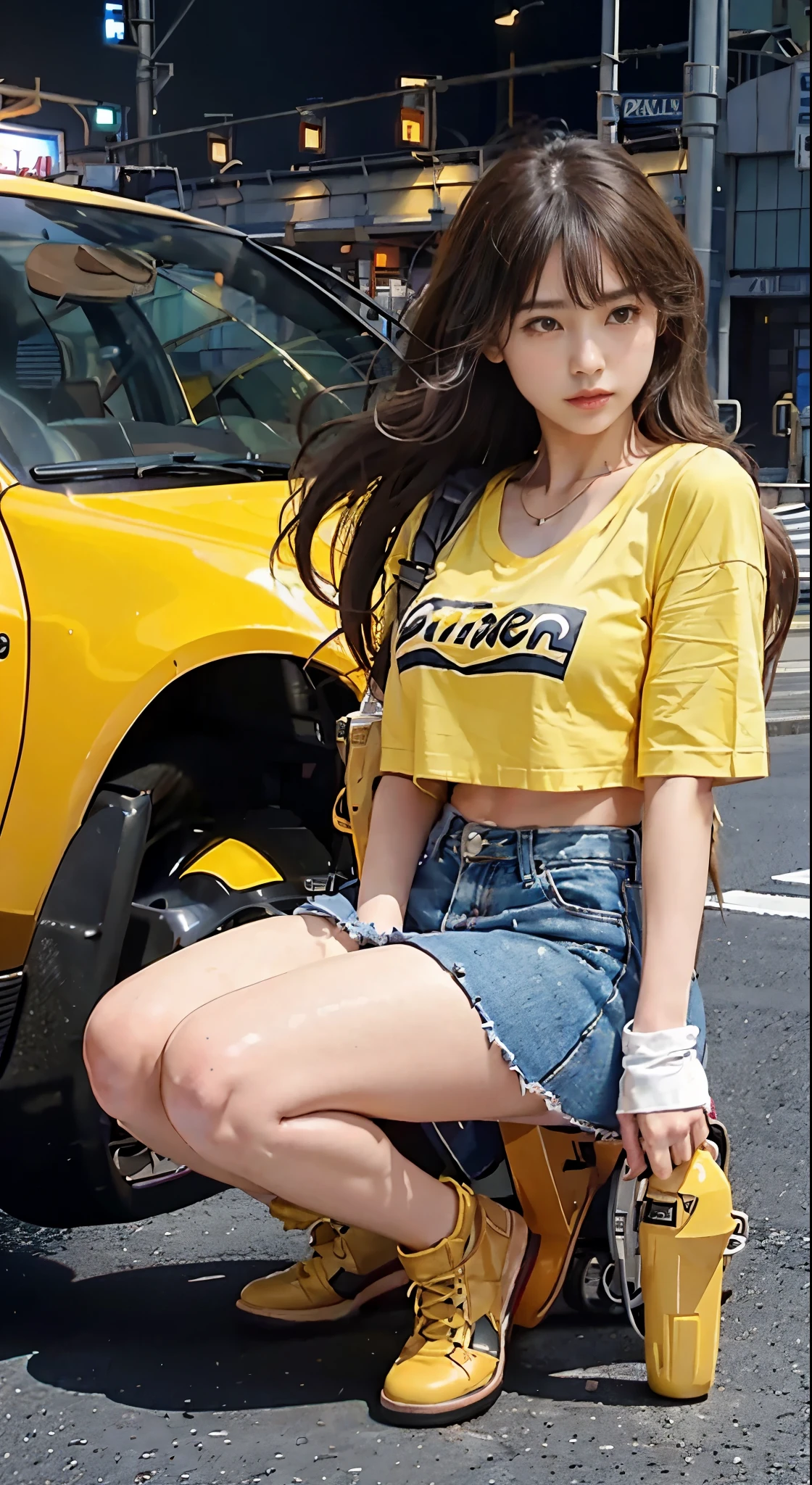 RAW image quality, official art, highest quality, masterpiece, 超A high resolution, (Photoreal:1.4), (white panties:1.4)Raw photo, ((Ultra realistic details)), Portrait, global illumination, Shadow, octane rendering, 8k, super sharp, 1 girl, squatting down、spreading my legs、17 years old, blonde, (long hair fluttering in the wind), detailed facial depiction, glossy lips, Tsundere and playful expression, (low rise denim mini skirt), (white pantiesの露出1.4)(Yellow cropped T-shirt:1.4), big breasts, (Underbust exposure), big breasts thin waist, (akira bike:1.4), cycling, night, cyberpunk city view, Ultra-detailed CG image quality,