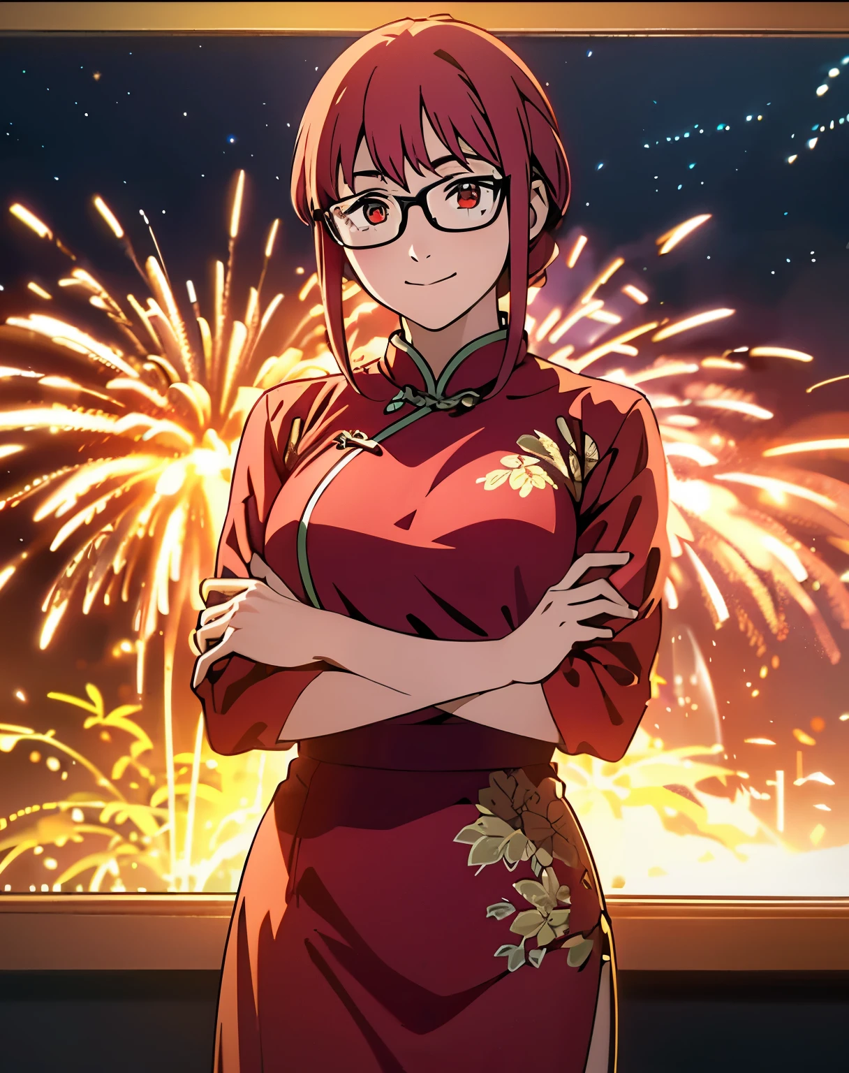 (masterpiece, best quality, high resolution, animescreencap, anime colored,), (perfect anatomy, beautiful detailed eyes, beautiful detailed body, beautiful breast, shiny skin), 1girl, red hair, side bangs, braided ponytail, medium breasts, smiling,red eyes, ringed eyes, holding a bag,perfect hands,looking at viewer, blushing,,chinese new year background, fireworks, bright lights, night time, red chinese dress with flower design, eyeglasses