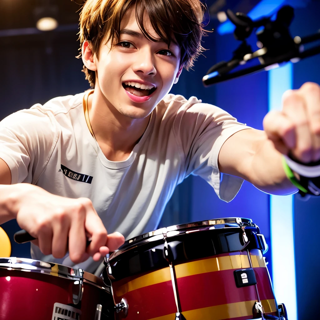 （exquisite illustrations：1.4），（master piece：1.0）， （best quality：1.4）， （ultra high resolution：1.2）， （Realistic：1.4），（18-year-old：1.3）, high school , male, beat the drum, Dynamic and energetic live performance , stick, bright, smile, real, realistic