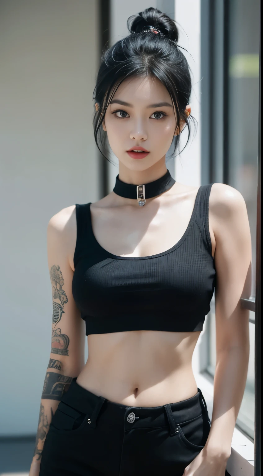 Generate an image of a woman with short black hair, Tattoos on the arms, wearing a collar, crop top, and shorts. Capture the details of your accessories, Emphasize the style and attitude they bring to her appearance. Keep a pensive expression while smoking, Ensure the overall composition reflects fashionable fusion, personality, Wainai reflection. Use lighting techniques to enhance visual impact, Create compelling female images in thoughtful moments of self-expression.