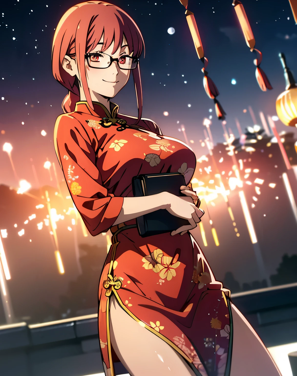 (masterpiece, best quality, high resolution, animescreencap, anime colored,), (perfect anatomy, beautiful detailed eyes, beautiful detailed body, beautiful breast, shiny skin), 1girl, red hair, side bangs, braided ponytail, medium breasts, smiling,red eyes, ringed eyes, holding a bag,looking at viewer, blushing,,chinese new year background, fireworks, bright lights, night time, red chinese dress with flower design, eyeglasses