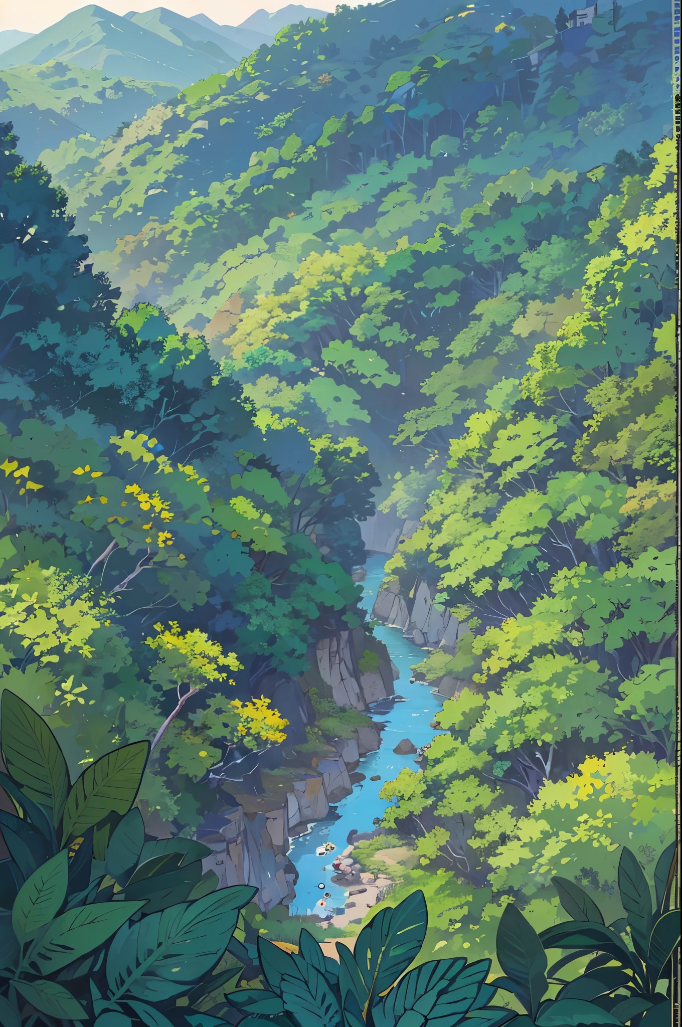 View from above, summer, korea, jungle, sight,Landscape (The blue mountain ridge spreads out:1.5),(jungle 숲:1.5) dense forest, forest view, animation style, ghibli, Shinkai Makoto