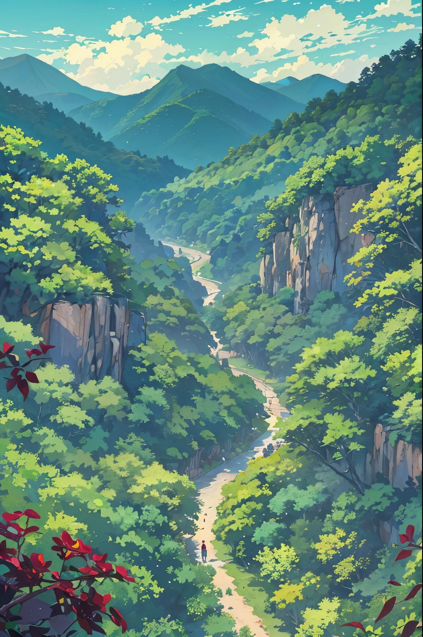 View from above, summer, korea, jungle, sight,Landscape (The blue mountain ridge spreads out:1.5),(jungle 숲:1.5) dense forest, forest view, animation style, ghibli, Shinkai Makoto