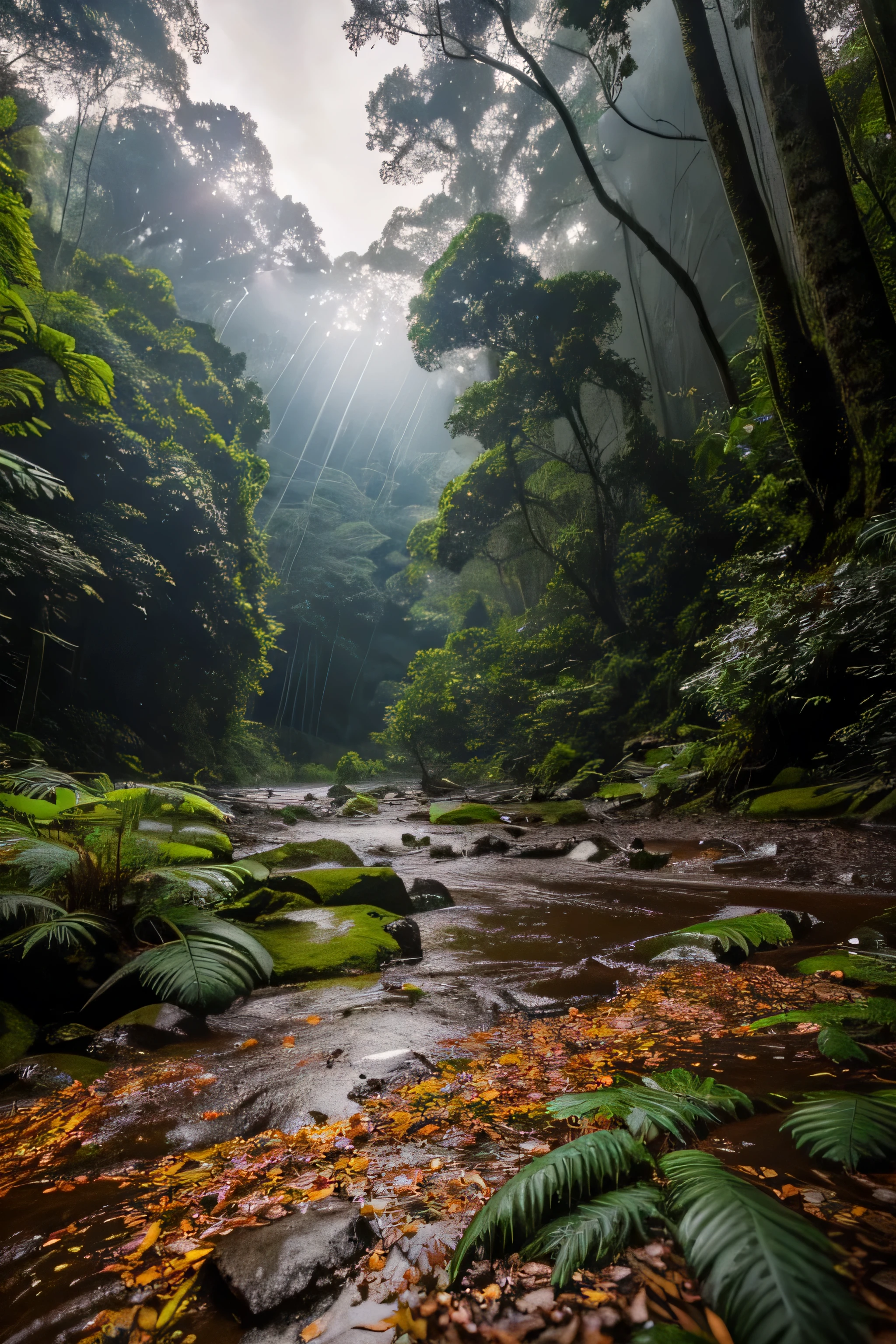 raw photos, an award-winning National Geographic style high resolution photograph Ieaturing the untamed beauty oI the tropical rainIorest. It's just aIter a rain shower at dusk, the orange-purple hues oI twilight permeating the scene, Long and handsome, dramatic shadows and creating a soIt, diIIused light that gives the landscape an almost ethereal Ieel. Taken using a Sony Alpha 1 with a 50mm I/1.8 lenses, I/11 aperture, Shutter Speed 1/200 seconds, ISO100, ภาพอันน่าทึ่งนี้ถูกเรนเดอร์ด้วยhigh resolutionอย่างเหลือเชื่อ, realistic, 8k, high resolution, high resolutionR, XDR, Iocus + sharpen + 8K wide angle resolution + high resolutionR10 Ken Burns eIIect + Adobe Lightroom + rule-oI-thirds + Highly detailed leaves + Highly detailed bark + high-detailed Ieathers. An added touch oI depth-oI-Iield eIIect, lens Ilare, and digital negatives are used to increase visual appeal.. --AR 2:1