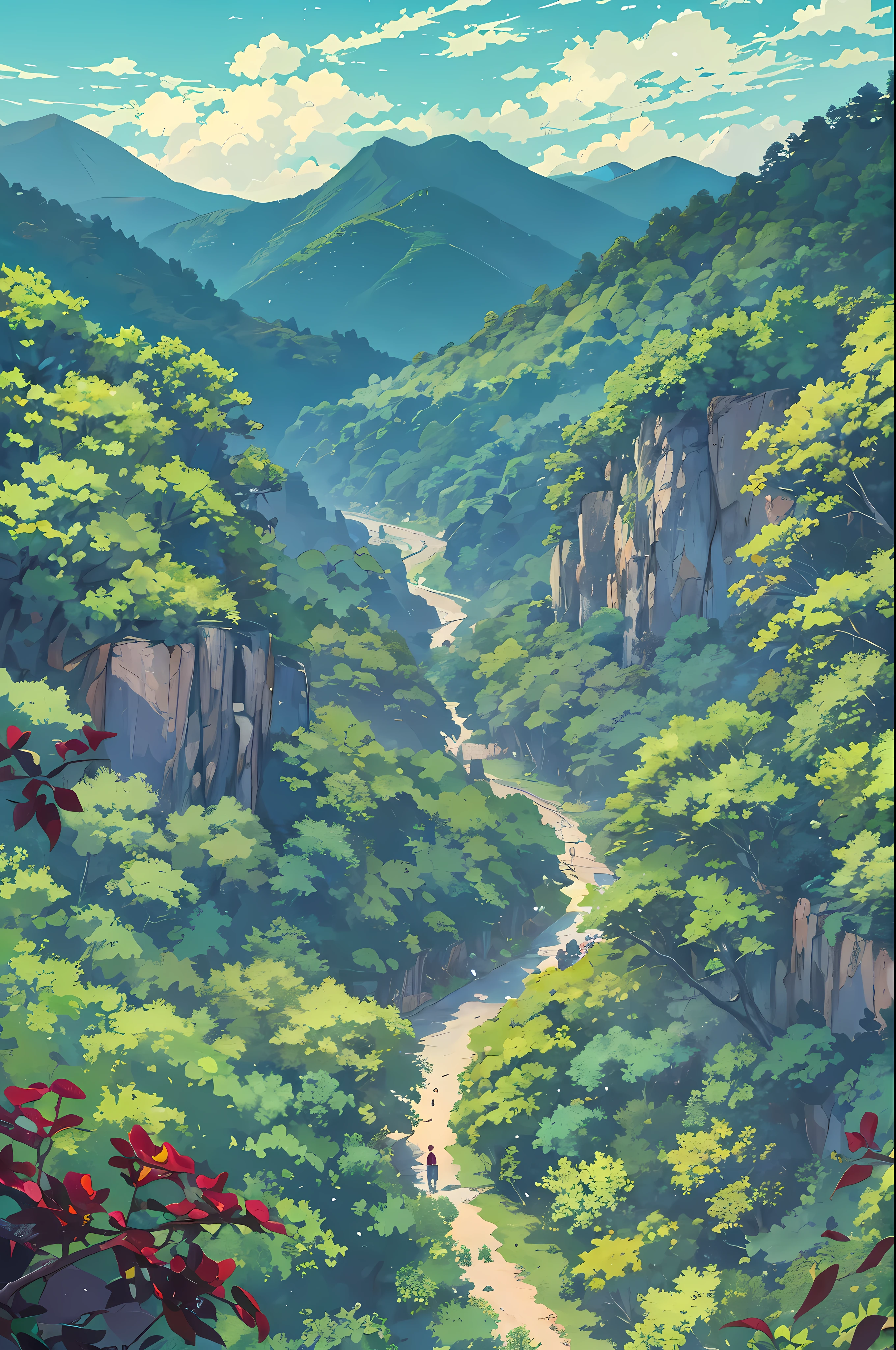 view from above, summer, korea, jungle, Vision,sight (A blue mountain ridge unfolds:1.5),(jungle 숲:1.5) dense forest, forest view, animation style, ghibli, Makoto Shinkai