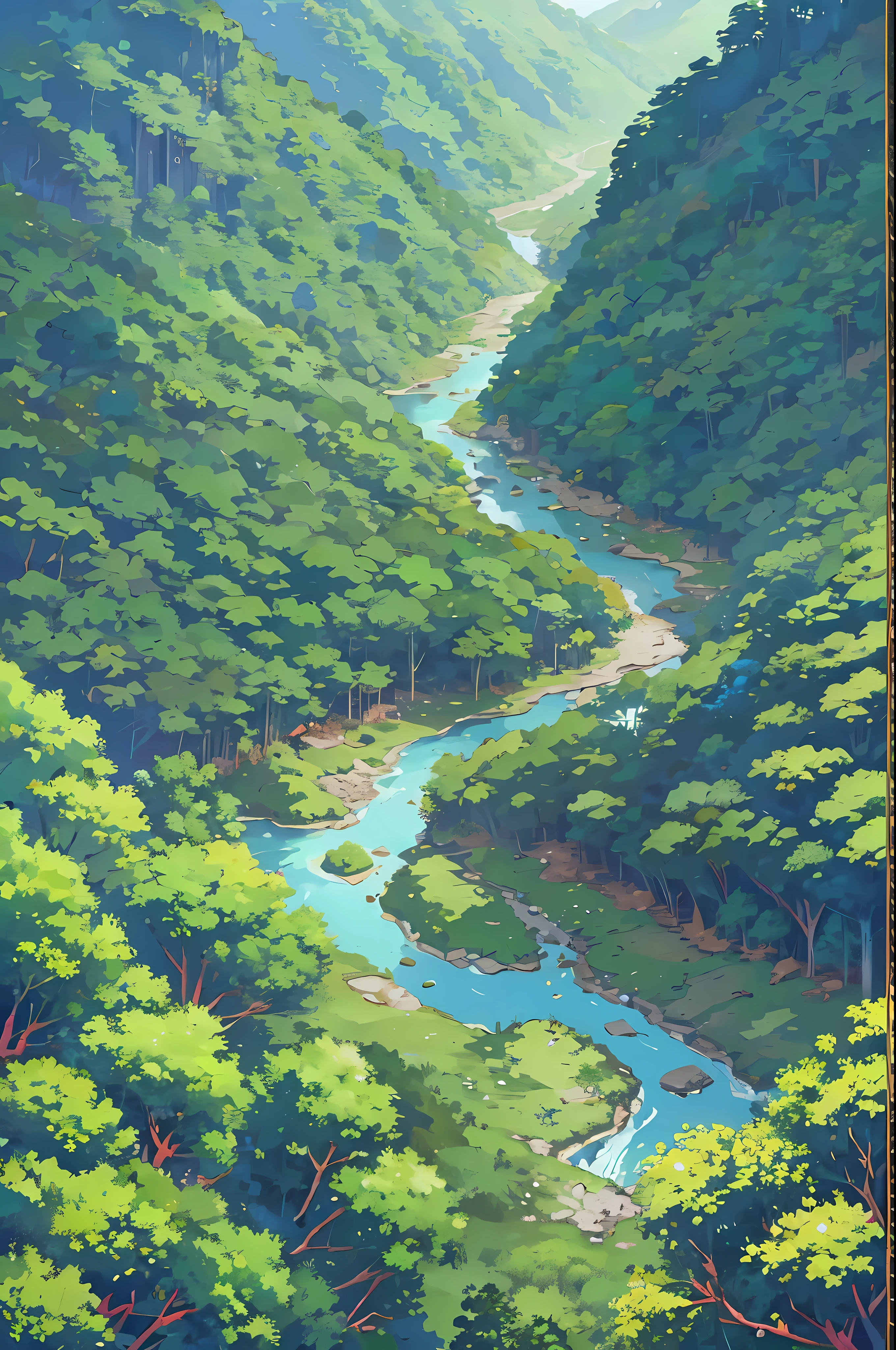 view from above, summer, korea, jungle, Vision,sight (A blue mountain ridge unfolds:1.5),(jungle 숲:1.5) dense forest, forest view, animation style, ghibli, Makoto Shinkai