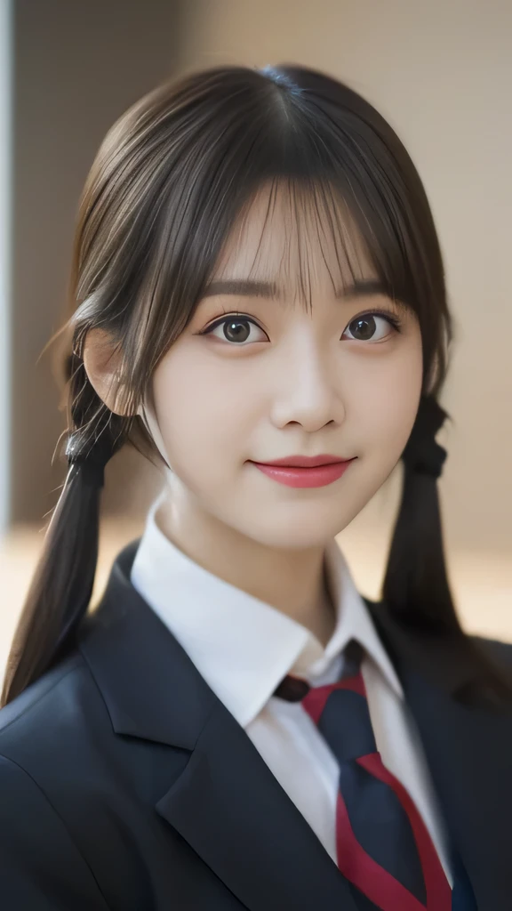 masterpiece，highest quality，official art，High Definition CG Unity 8K Wallpaper High School Girl，very delicate and beautiful，超High resolution，（realistic：1.4），golden hour lighting，（Full body Esbian），In the classroom，（platinum short hair：0.8），（cute eyes），looking at the viewer，facing the front，twin tail hair, 笑face，JK's Skirt（plaid）， bust，high school uniform，tie， masterpiece， highest quality， Raw photo， realistic， face， incredibly irrational solution， written boundary depth， High resolution， Super detailed， small details， very detailed， 非常に詳細な目とface， sharp pupils， realisticな生徒， fix sharp focus， cinematic lighting, Idol style、very cute:1.2、black haired、bangs、