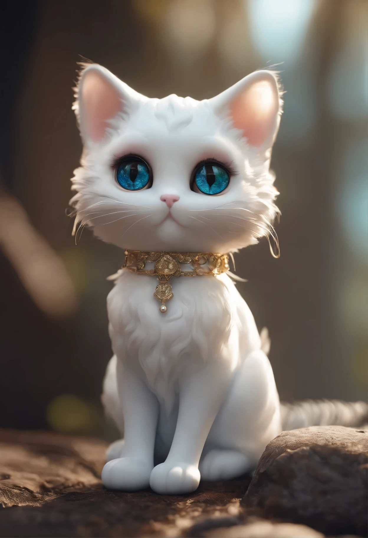 cute cat、mysterious,white、 huge head, highly detailed eyes, amount, fits, full body view, Toy figures, highest quality, 3D comics, full body view, fantasy, dream, surrealism, super solution, Trending at Art Station
