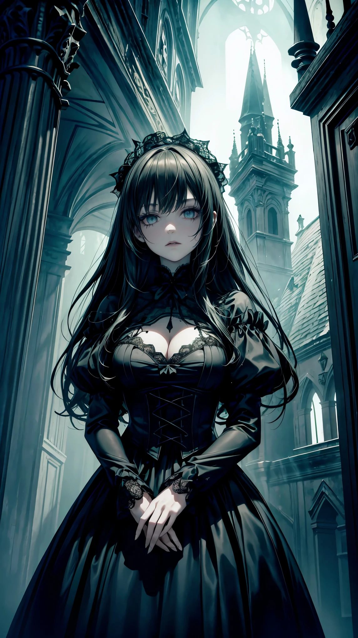 (8k, RAW photo, highest quality, masterpiece:1.2), High-definition RAW color photo, Professional photography, cinematic light, gothic aesthetics, horror, eerie atmosphere, dark shadow, unforgettably beautiful, creepy landscape, gothic architecture, eerie atmosphere, decaying ruins, foggy fog, dramatic lighting, dark color, creepy details, (creepy and beautiful woman, Flowing Black Dress, ghost-like presence, gothic fashion, lace and velvet, pale skin), eerie storm clouds, Moonlight night, supernatural being, eerie shadow, gothic charm, romantic rose in a dark corner, Bright red roses, creeping vine, dripping candle, Secret Whispers、delicate carvings, Ancient curses, thunder and lightning, creepy fog and crows, medieval atmosphere, spiderweb, gorgeous chandelier、Gargoyle - decorated roof, bleeding statue, sublime beauty, gothic aesthetic,