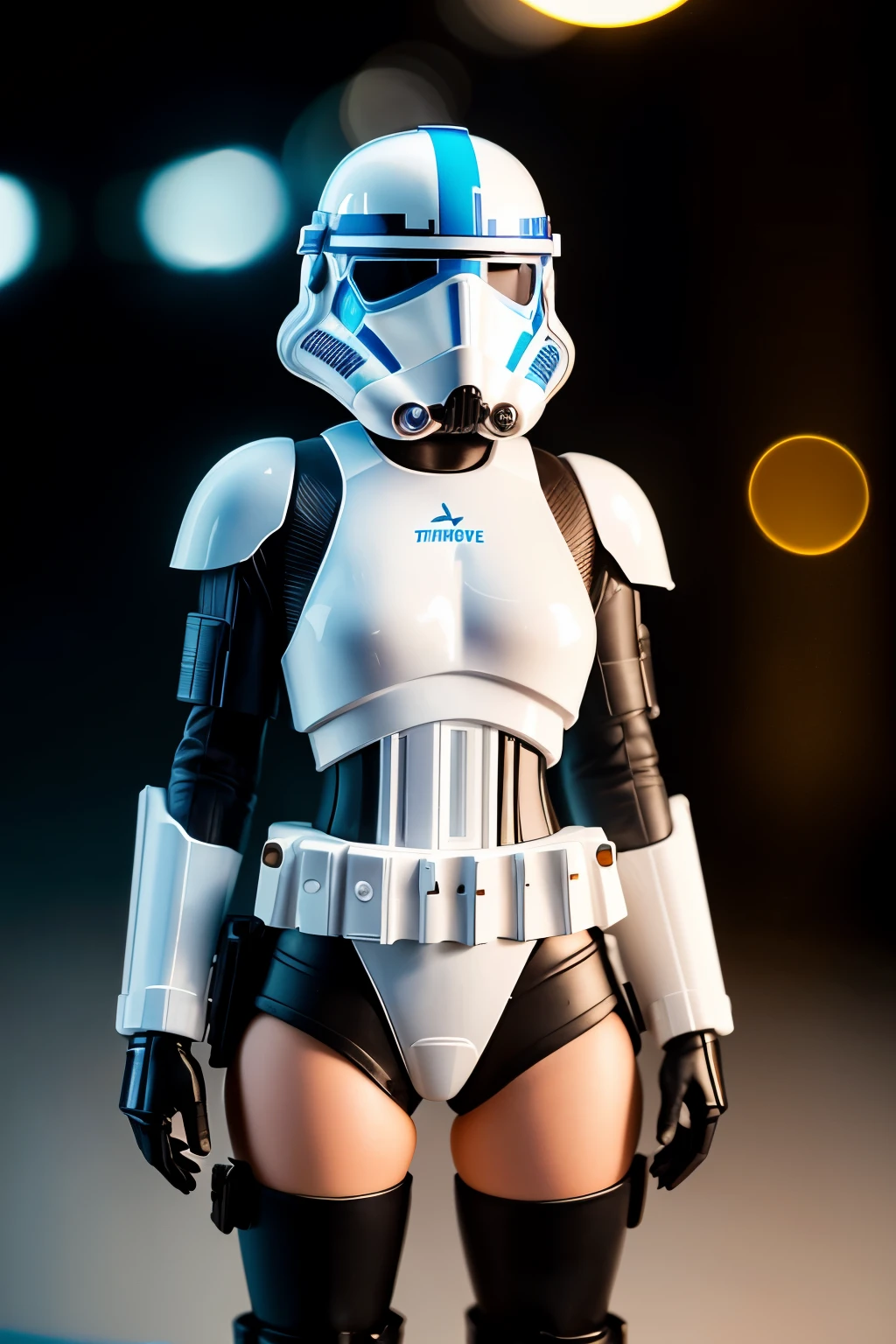 Photo of a female Stormtrooper from Star Wars, (full body), ((Dynamic portrait)), ((Hyperrealism)), ((Detailed RAW color art)), ((Bokeh effect)), ((Leading Lines Shot)), ((Tilt-Shift (Simulating Miniature Scenes))), ((Butterfly lighting)). She wears the iconic Stormtrooper armor with a glossy black finish and thigh-high boots. Her medium-sized breasts are hidden underneath the rigid structure of her uniform. Her eyes are covered by the helmet, but her expression is determined and focused, creating an intriguing contrast between her impassive face and the lively background. The photograph, taken with a high-end