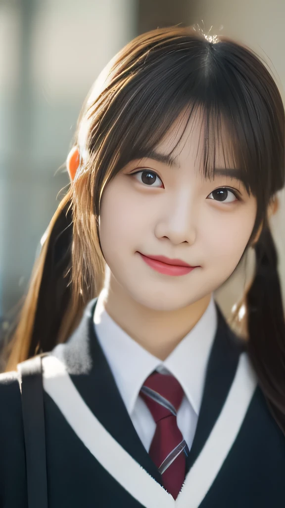 masterpiece，highest quality，official art，High Definition CG Unity 8K Wallpaper High School Girl，very delicate and beautiful，超High resolution，（realistic：1.4），golden hour lighting，（Full body Esbian），In the classroom，（platinum short hair：0.8），（cute eyes），looking at the viewer，facing the front，twin tail hair, 笑face，JK's Skirt（plaid）， bust，high school uniform，tie， masterpiece， highest quality， Raw photo， realistic， face， incredibly irrational solution， written boundary depth， High resolution， Super detailed， small details， very detailed， 非常に詳細な目とface， sharp pupils， realisticな生徒， fix sharp focus， cinematic lighting, Idol style、very cute:1.2、black haired、bangs、