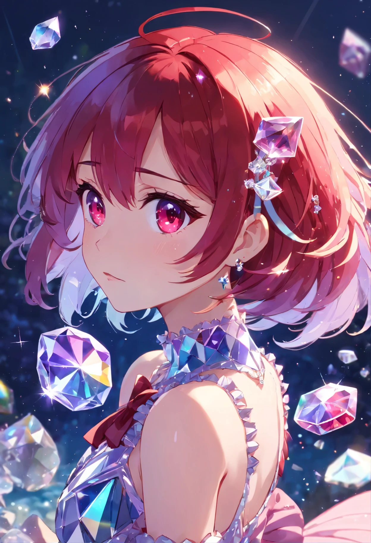 (((crystals texture Hair)))，{{{{{Extremely detailed CG}}}}},{{8K_wallpaper}},{{{{Crystalline purple gemstone gloves}}}},((Beautiful detailed glass hair)),((Glass shaped texture hand)),((crystallize texture body)),gem body,Hands as clear as jewels,crystallization of clothes,((crystals texture skin)),sparkling, lens flare, light leak, broken glass，{{{{detailed glass shaped clothes}}}}， ((masterpiece)), (((best quality))), ((Super detailed)), ((illustration)), ((Disheveled hair)), ((frills)), (1​), (Solo), Dynamic angle, big top sleeves, Floating, beautiful detailed gemstone sky, gemstone sea, Beautiful detailed eyes, overexposure, blunt side bangs, hairs between eyes, gauze tape, bow tie, Macaron, Bare shoulders, (((small breasts))), pleated skirt, crystals texture flowers， ((detailed crystallized clothing)),(gemstone of body)，solo focus,{{{{{{{{Iridescence and rainbow hair:2.5}}}}}}},{{{{{{detailed cute anime face}}}}}},{{Loli}},{{{{{watercolor_(mediate)}}}},(((masterpiece))),(((clock))),(((red))),(((bloody))),fine details,Depth of field shallow meaning,blood drops,blood mist