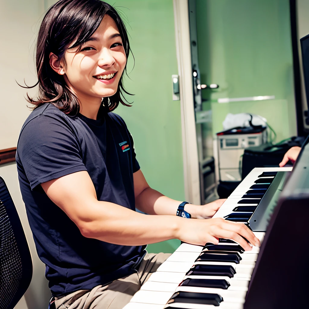 (exquisite illustrations:1.4),(master piece:1.0), (best quality:1.4), (ultra high resolution:1.2), (Realistic:1.4),(18-year-old:1.3), high school student, male, Playing the keyboard, Dynamic and energetic live performance , Korg, synthesizer, bright, smile, real, realistic