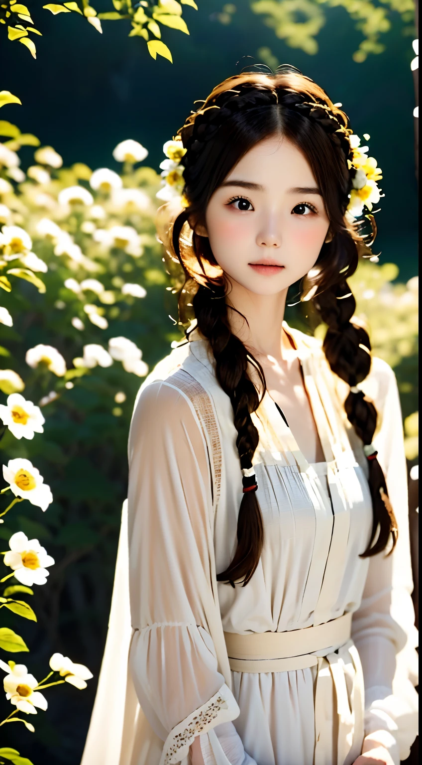 realistic, High resolution, soft light,1 female, 16age、、Japanese、alone, waist rises high, glowing skin, (detailed face),jewelry, brown hair,french braid、white_dress、お洒落なdress、flower field,(dynamic angle:1.1),Brilliant,Soft and warm color palette, delicate brushstrokes, Targeted use of light and shadow, wide shot,The deliciousness of wilted flowers,high contrast,color contrast,Masseter muscle part:1.3