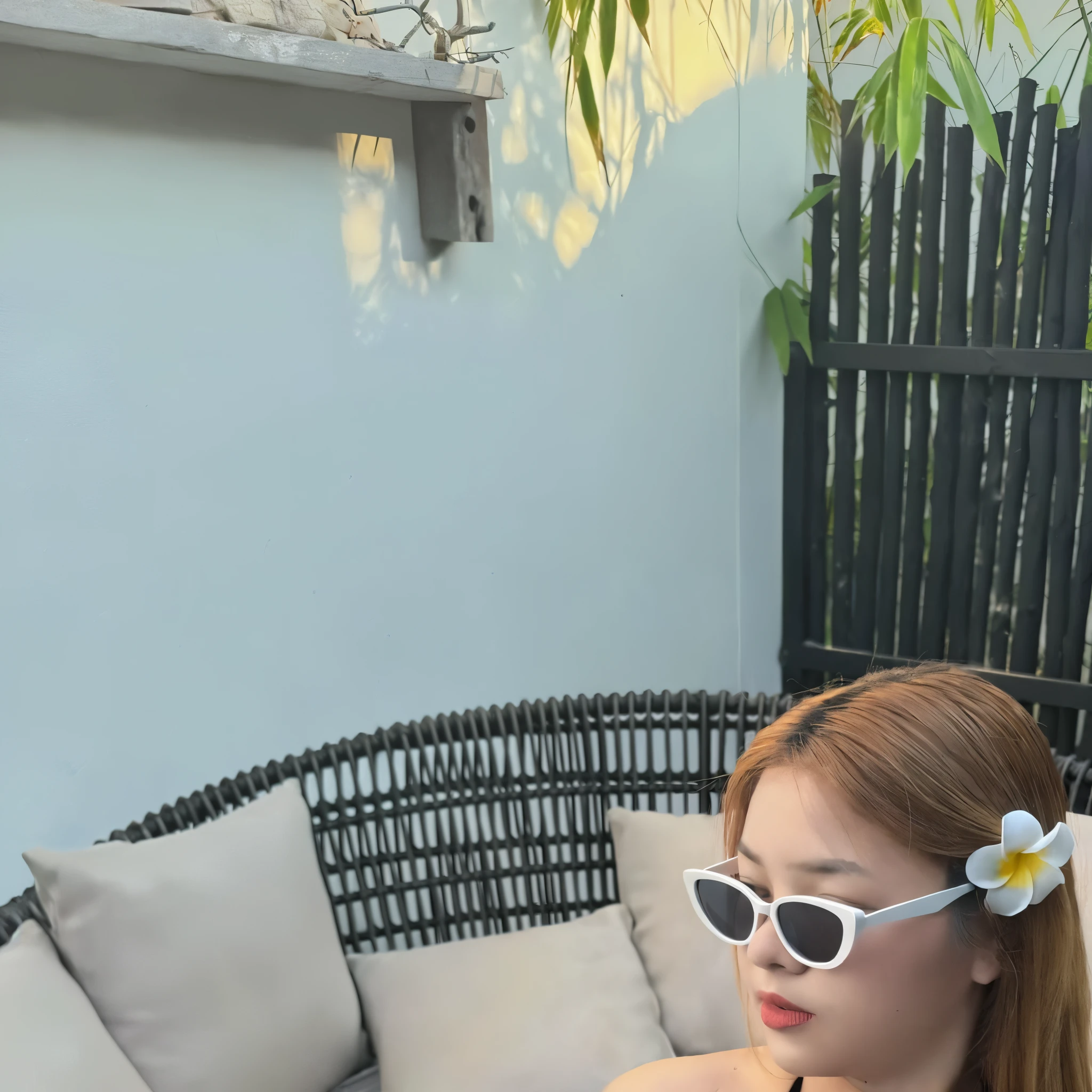 there is a woman in a bikini and sunglasses sitting on a couch, wearing two - piece swimming costume, in bikini, 22 years old, sexy girl, black bikini, beside the pool, 2 8 years, 2 7 years, clothing: bikini, swimming costume, Age 2 9 years, 21 years old, 2 3 years old, is wearing a swimming costume