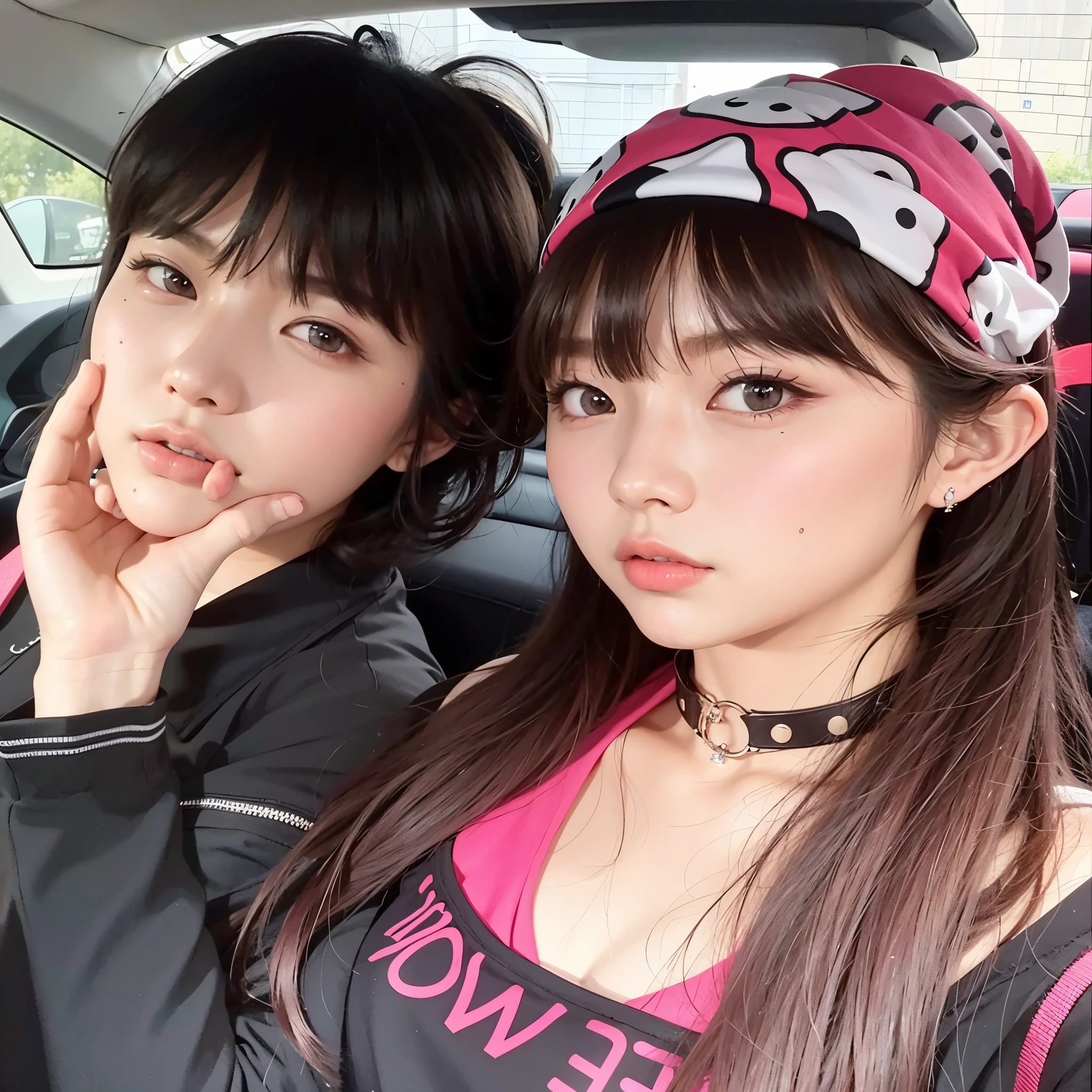 They are posing for a photo in the back of a car., Huang Yuxing y Aya Takano, nixeu y sakimichan, con flequillo, kda y sam que, sakimichan y frank franzzeta, el corte de hime, sha xi, chica anime en la vida real, hana yata, bella delfina, sakimichan jooheon de monsta x y Jennie de blackpink