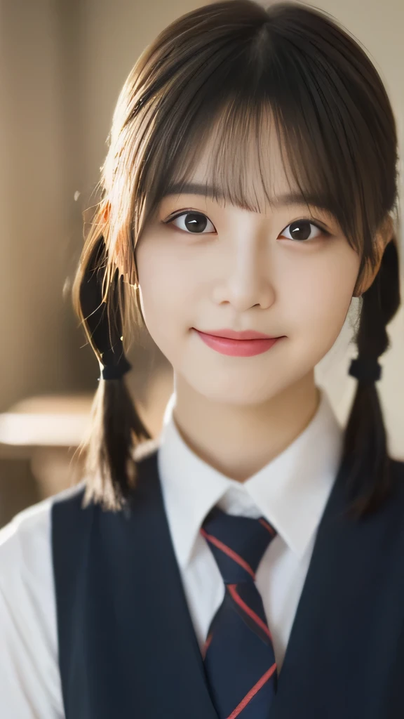 masterpiece，highest quality，official art，High Definition CG Unity 8K Wallpaper High School Girl，very delicate and beautiful，超High resolution，（realistic：1.4），golden hour lighting，（Full body Esbian），In the classroom，（platinum short hair：0.8），（cute eyes），looking at the viewer，facing the front，twin tail hair, 笑face，JK's Skirt（plaid）， bust，high school uniform，tie， masterpiece， highest quality， Raw photo， realistic， face， incredibly irrational solution， written boundary depth， High resolution， Super detailed， small details， very detailed， 非常に詳細な目とface， sharp pupils， realisticな生徒， fix sharp focus， cinematic lighting, Idol style、very cute:1.2、black haired、bangs、