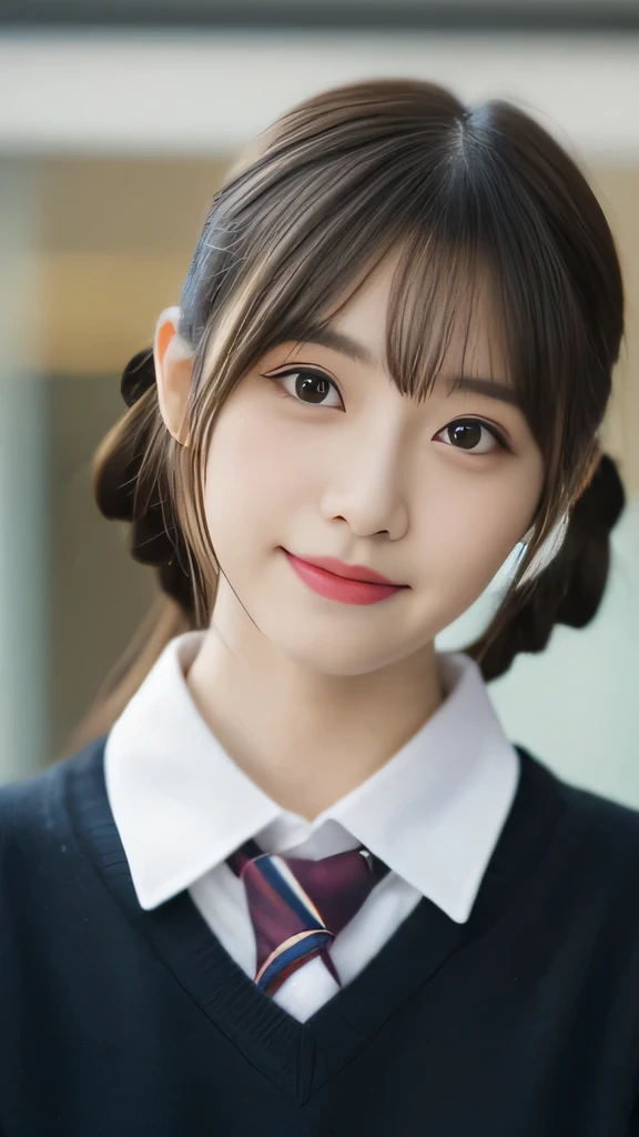 masterpiece，highest quality，official art，High Definition CG Unity 8K Wallpaper High School Girl，very delicate and beautiful，超High resolution，（realistic：1.4），golden hour lighting，（Full body Esbian），In the classroom，（platinum short hair：0.8），（cute eyes），looking at the viewer，facing the front，twin tail hair, 笑face，JK's Skirt（plaid）， bust，high school uniform，tie， masterpiece， highest quality， Raw photo， realistic， face， incredibly irrational solution， written boundary depth， High resolution， Super detailed， small details， very detailed， 非常に詳細な目とface， sharp pupils， realisticな生徒， fix sharp focus， cinematic lighting, Idol style、very cute:1.2、black haired、bangs、