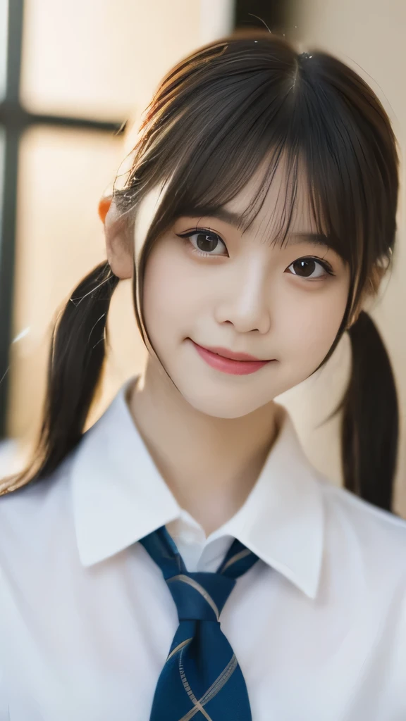 masterpiece,highest quality,official art,High Definition CG Unity 8K Wallpaper High School Girl,very delicate and beautiful,超High resolution,(realistic:1.4),golden hour lighting,(Full body Esbian),In the classroom,(platinum short hair:0.8),(cute eyes),looking at the viewer,facing the front,twin tail hair, 笑face,JK's Skirt(plaid), bust,high school uniform,tie, masterpiece, highest quality, Raw photo, realistic, face, incredibly irrational solution, written boundary depth, High resolution, Super detailed, small details, very detailed, 非常に詳細な目とface, sharp pupils, realisticな生徒, fix sharp focus, cinematic lighting, Idol style、very cute:1.2、black haired、bangs、