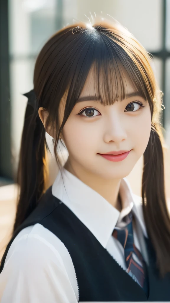 masterpiece，highest quality，official art，High Definition CG Unity 8K Wallpaper High School Girl，very delicate and beautiful，超High resolution，（realistic：1.4），golden hour lighting，（Full body Esbian），In the classroom，（platinum short hair：0.8），（cute eyes），looking at the viewer，facing the front，twin tail hair, 笑face，JK's Skirt（plaid）， bust，high school uniform，tie， masterpiece， highest quality， Raw photo， realistic， face， incredibly irrational solution， written boundary depth， High resolution， Super detailed， small details， very detailed， 非常に詳細な目とface， sharp pupils， realisticな生徒， fix sharp focus， cinematic lighting, Idol style、very cute:1.2、black haired、bangs、