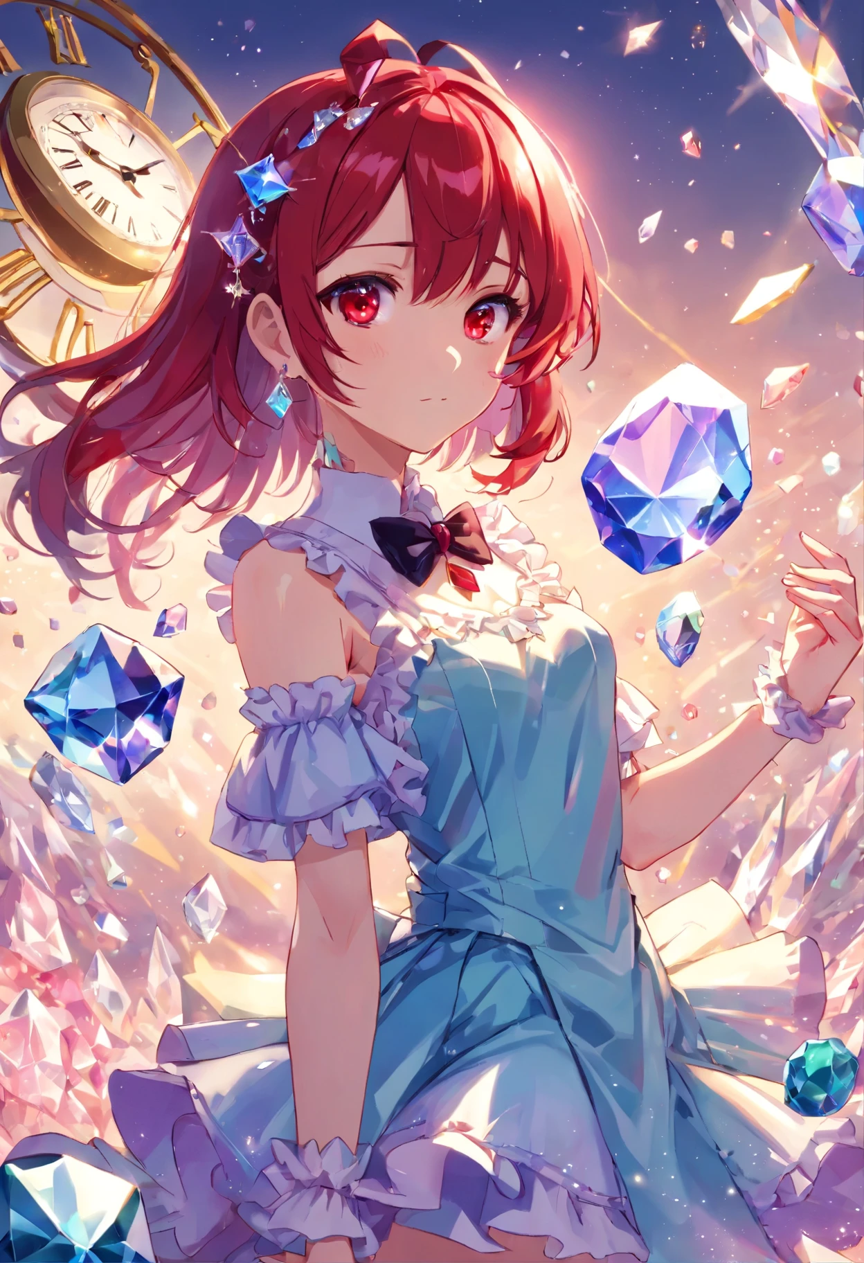 (((crystals texture Hair))),{{{{{Extremely detailed CG}}}}},{{8K_wallpaper}},{{{{Crystalline purple gemstone gloves}}}},((Beautiful detailed glass hair)),((Glass shaped texture hand)),((crystallize texture body)),gem body,Hands as clear as jewels,crystallization of clothes,((crystals texture skin)),sparkling, lens flare, light leak, broken glass,{{{{detailed glass shaped clothes}}}}, ((masterpiece)), (((best quality))), ((Super detailed)), ((illustration)), ((Disheveled hair)), ((frills)), (1), (Solo), Dynamic angle, big top sleeves, Floating, beautiful detailed gemstone sky, gemstone sea, Beautiful detailed eyes, overexposure, blunt side bangs, hairs between eyes, gauze tape, bow tie, Macaron, Bare shoulders, (((small breasts))), pleated skirt, crystals texture flowers, ((detailed crystallized clothing)),(gemstone of body),solo focus,{{{{{{{{Iridescence and rainbow hair:2.5}}}}}}},{{{{{{detailed cute anime face}}}}}},{{Loli}},{{{{{watercolor_(mediate)}}}},(((masterpiece))),(((clock))),(((red))),(((bloody))),fine details,Depth of field shallow meaning,blood drops,blood mist