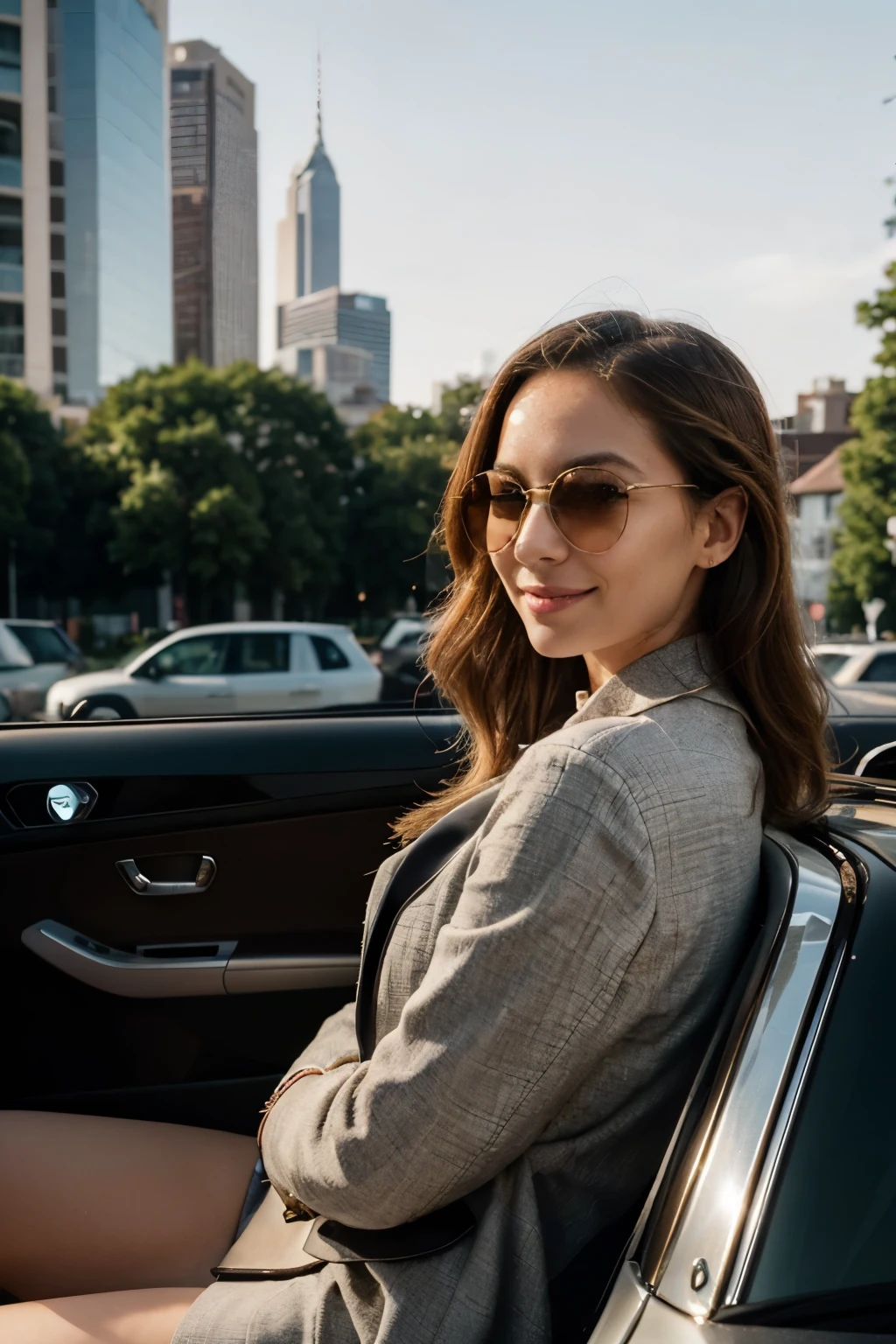 #emma, "Generate an ultra-high-resolution, photorealistic image of a charismatic and stylish woman leaning casually against a vintage convertible car. She's the epitome of cool, with designer sunglasses perched on her nose, a confident smile playing on her lips, and a playful wink that suggests she's about to share a secret. Her attire is effortlessly chic, blending classic elegance with a touch of modern flair, embodying the spirit of a knowledgeable investor who navigates the financial world with ease and grace. The setting is late afternoon, with the golden hour sunlight casting a warm, flattering glow on her and the car, enhancing the scene's inviting and relaxed vibe. In the background, subtly incorporate elements that hint at the world of investing—perhaps a city skyline dotted with skyscrapers or a faint overlay of stock market charts and graphs, blending seamlessly into the sky. The overall composition should convey a sense of approachability and insight into the highs and lows of investing, making complex concepts feel accessible and engaging. This image should captivate viewers, drawing them into the narrative of a savvy investor who's ready to demystify the financial markets with a wink and a smile."
