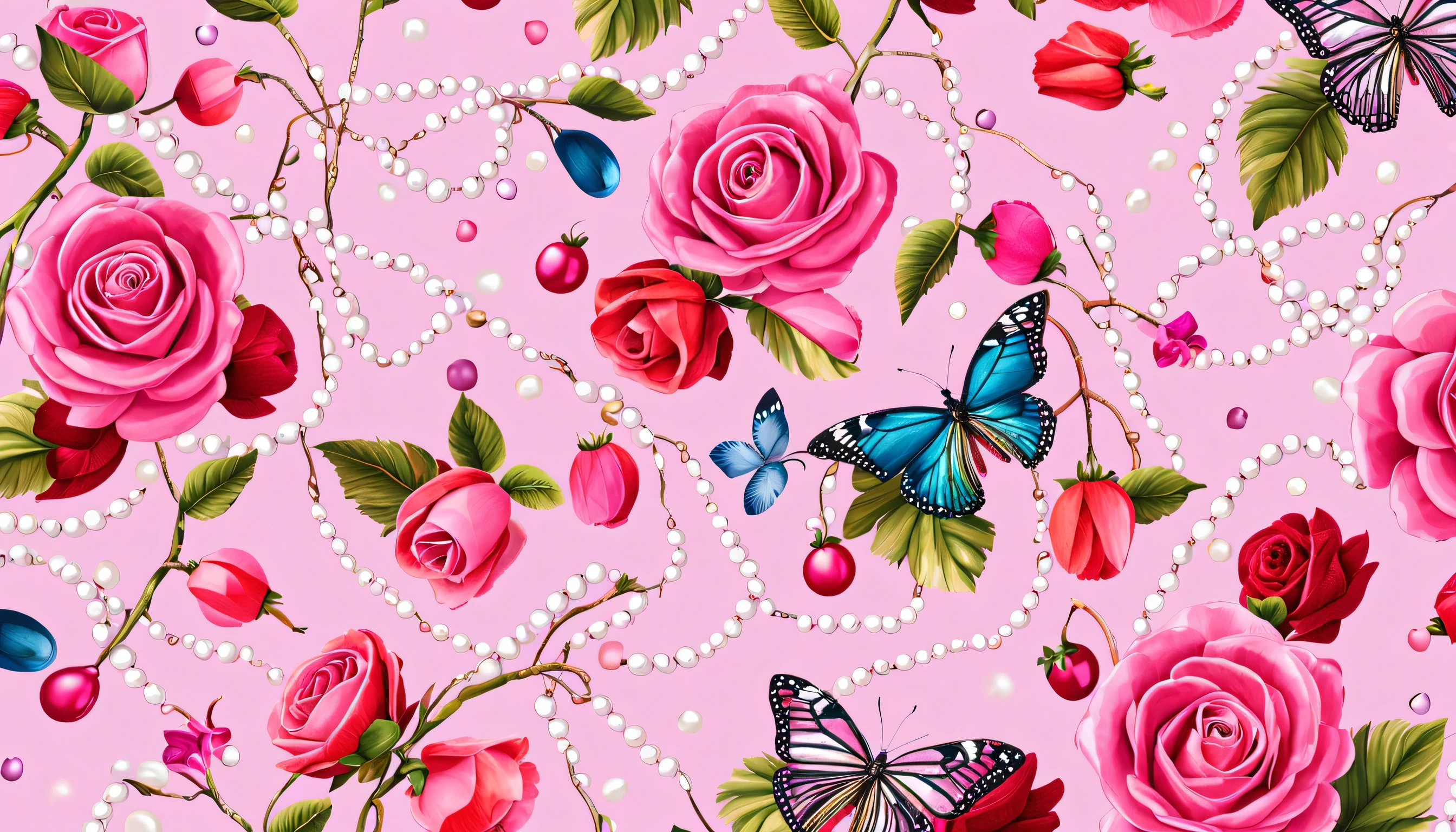 Seas of PEARLS In the (PINK BACKGROUND)— ocean breeze, sun-bleached driftwood, and a touch of salty sea air. ((small stars)) colorful tropical bird, flamingo, ((WHITE pearls)) jewels, ((butterfly)), ((WHITE PEARL)), (strawberry), BLUE rose, cherry || (embroidery) seamless pattern, fruit, butterfly, Best quality, masterpiece, ultra high res, (photo realistic:1.4), surrealism, dream-like, ((abstract art)), vector arts, ((ROSE JEWEL)) a close up of a DIAMOND pattern on (PINK BACKGROUND), DIAMOND wallpaper, ornate DIAMOND, DIAMOND pattern, DIAMOND explosion, DIAMOND! intricate, DIAMOND JEWELs colorful, chinoiserie pattern, JEWELy wallpaper, DIAMOND renewal, with colorful JEWELs and plants, DIAMOND dream, garden JEWELs pattern, DIAMOND patterned skin, DIAMOND design, DIAMOND motives, boho DIAMOND vines IN (PINK BACKGROUND)