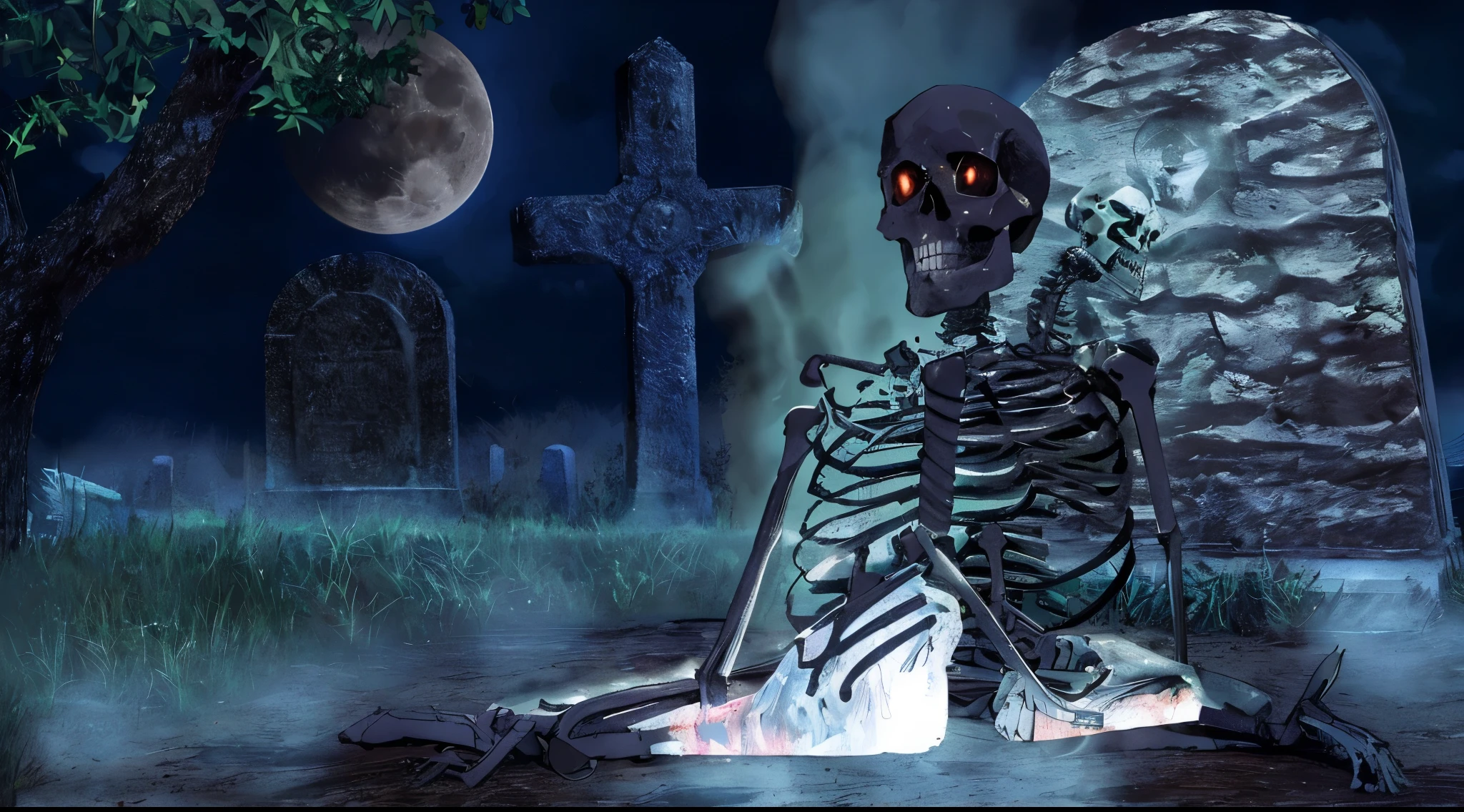 sharp skeleton sitting in a cemetery with a full moon in the background, esqueletos ressuscitando dos mortos, morte sonhar com a morte, skeleton corpse, levantando-se de uma cripta, esqueleto, misterioso altamente detalhado, medo da morte, Ossos brilhantes, volcanic skeleton, O que acontece depois da morte, esqueleto acorrentado, vida e morte se misturando, Goddess of death in a cemetery