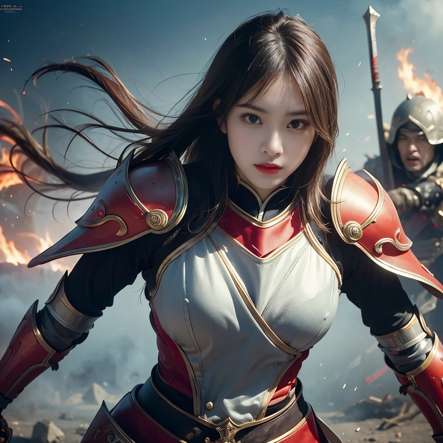 warrior girl, in battlefield ,fantasy, magic