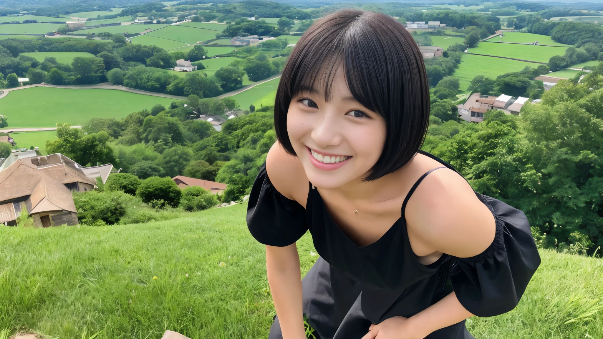 masterpiece、4K、highest quality、beautiful japanese woman、detailed description、1 girl、23 years old、(black camisole:1.1)、bob cut、summer、rural area、written boundary depth、angle from above、smile、hill landscape background