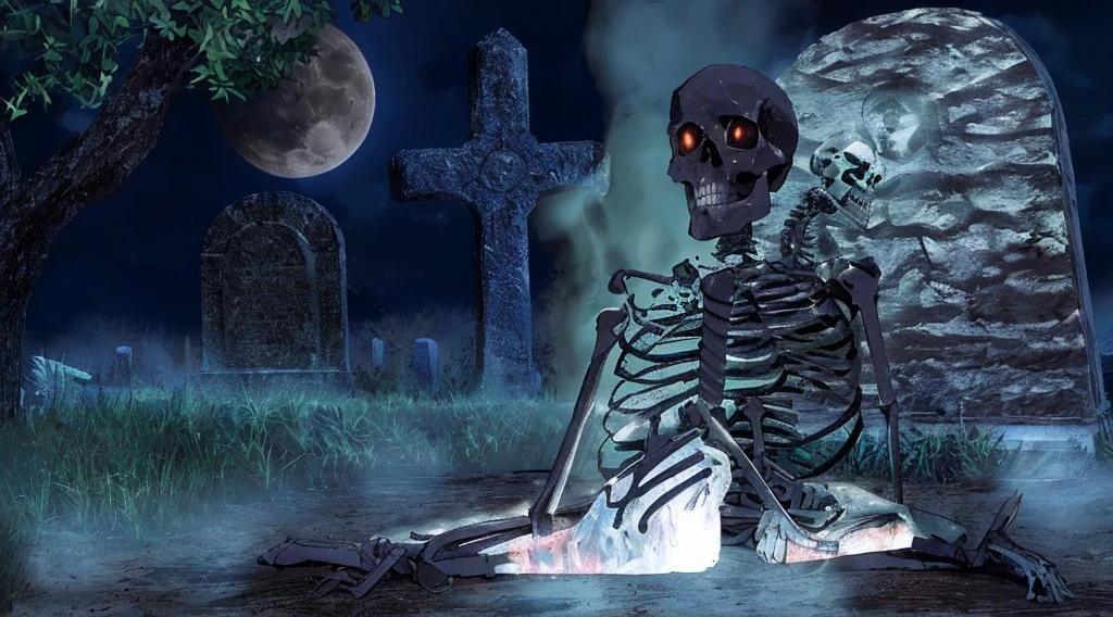 sharp skeleton sitting in a cemetery with a full moon in the background, esqueletos ressuscitando dos mortos, morte sonhar com a morte, skeleton corpse, levantando-se de uma cripta, esqueleto, misterioso altamente detalhado, medo da morte, Ossos brilhantes, volcanic skeleton, O que acontece depois da morte, esqueleto acorrentado, vida e morte se misturando, Goddess of death in a cemetery