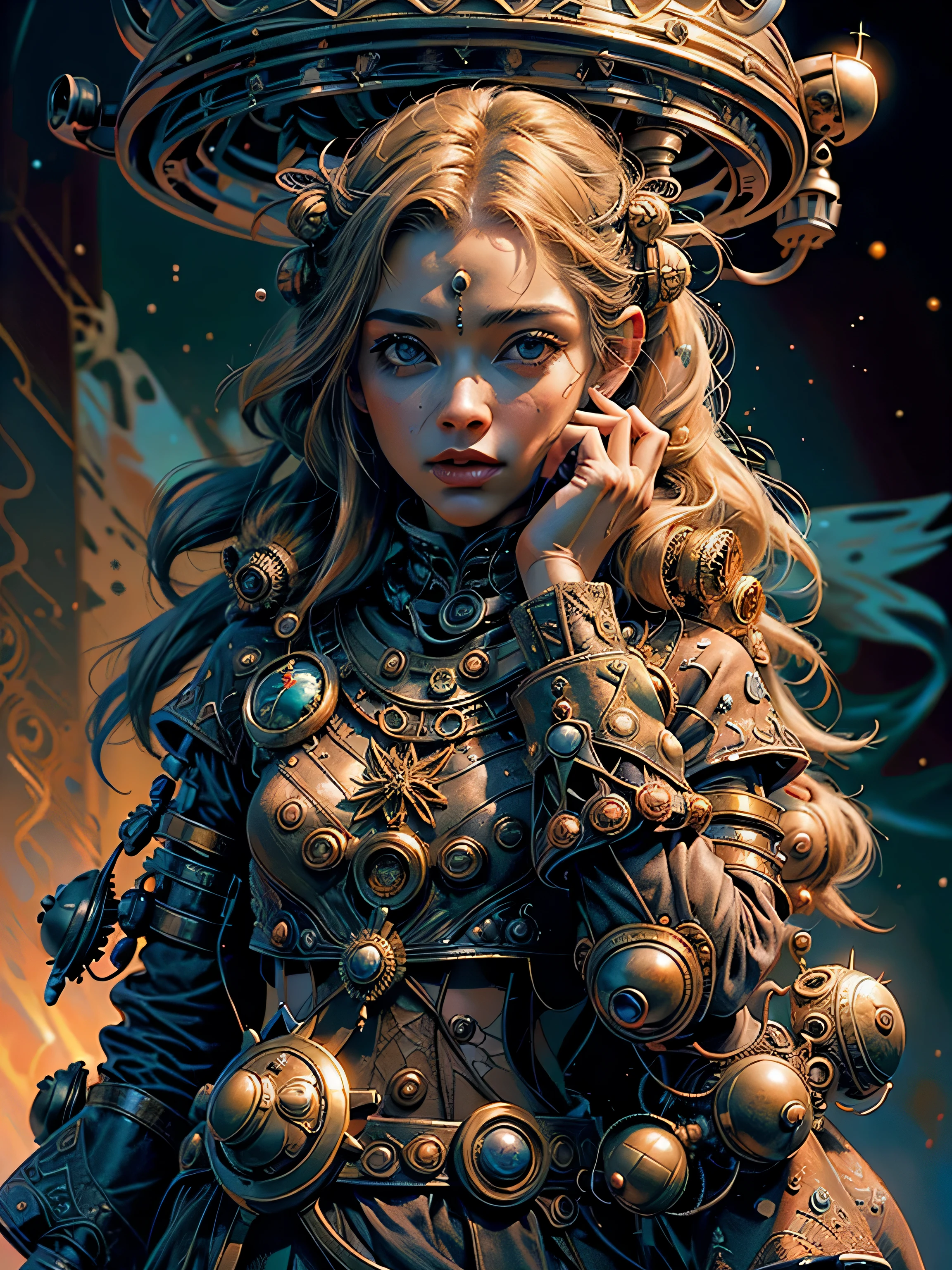 (obra maestra, mejor calidad, arte oficial: 1.2), 1 mujer joven hermosa extraterrestre, extremadamente detallado, colorido, with the highest level of detail, decorative ornaments on the head and beautiful and aesthetic alien clothing, arte fractal: 1.3