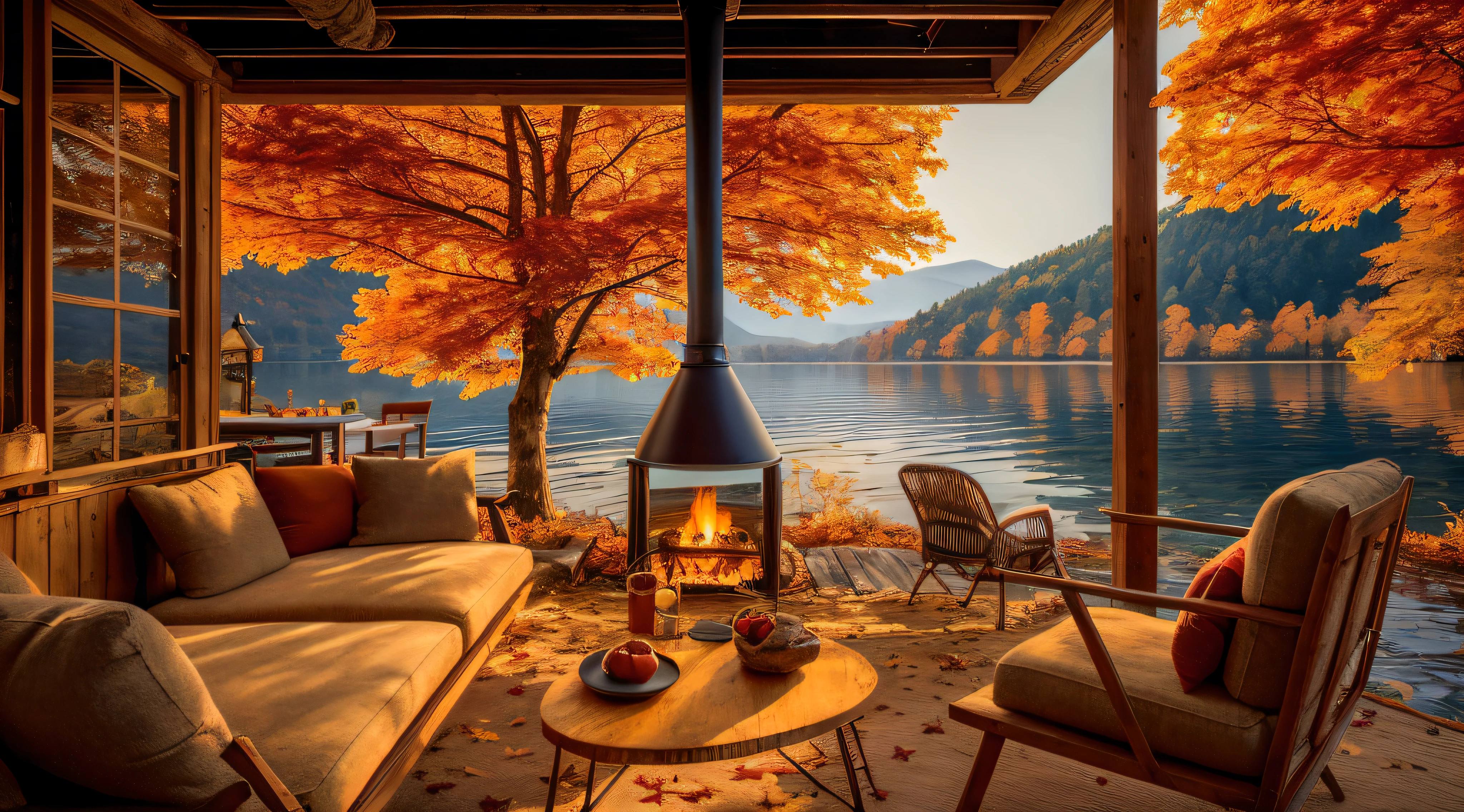 gira l'immagine,arafed view of a living room with a fireplace and a lake, warm beautiful scene, autumn tranquility, relaxing environment, cozy place, beautiful detailed scene, all in the amazing outdoors view, beautiful place, in the autumn, stunning nature in background, during autumn, lake house, warm cosy colors, in a scenic background, autumn season, peaceful environment, autumn! colors