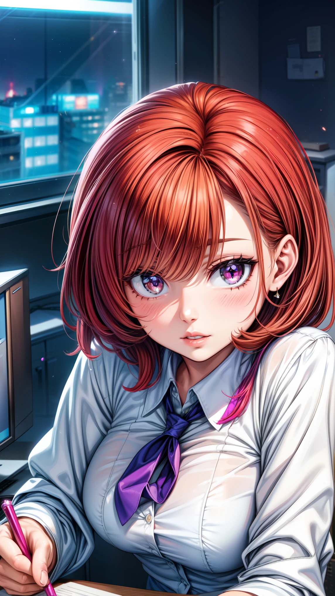 cute anime girl in office outfit wearing, wild messy red hair, purple eyes, almond-shape eyes, big red lips, light particle, sparkling particle