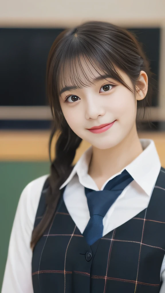 masterpiece,highest quality,official art,High Definition CG Unity 8K Wallpaper High School Girl,very delicate and beautiful,超High resolution,(realistic:1.4),golden hour lighting,(Full body Esbian),In the classroom,(platinum short hair:0.8),(cute eyes),looking at the viewer,facing the front,ponytail hair, 笑face,JK's Skirt(plaid), bust,high school uniform,tie, masterpiece, highest quality, Raw photo, realistic, face, incredibly irrational solution, written boundary depth, High resolution, Super detailed, small details, very detailed, 非常に詳細な目とface, sharp pupils, realisticな生徒, fix sharp focus, cinematic lighting, Idol style、very cute:1.2、black haired、bangs、