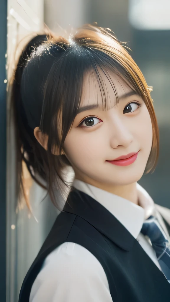 Highly detailed 8K wallpapers），Clear focus，A detailed，dramatics，delicate beautiful schoolgirl，Sheer white shirt，Dark blue pleated miniature miniature，pale brown hair，short detailed hair，Raised sexy，ssmile，peeking at the viewer，bright sun light，pupils，Korean woman，light make-up，White teeth